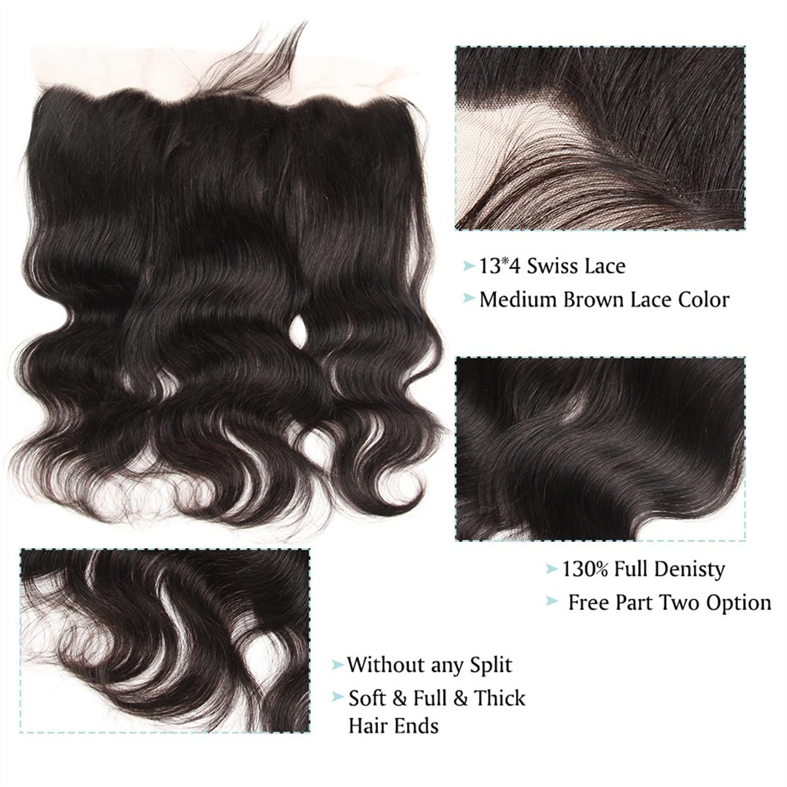 Fasci di capelli umani Bandetti dell'onda del corpo dei capelli brasiliani con chiusura frontale 8-30 pollici Bandetti dei capelli umani di 8-30 pollici con frontale Non remy 13x4 pizzo frontale del p