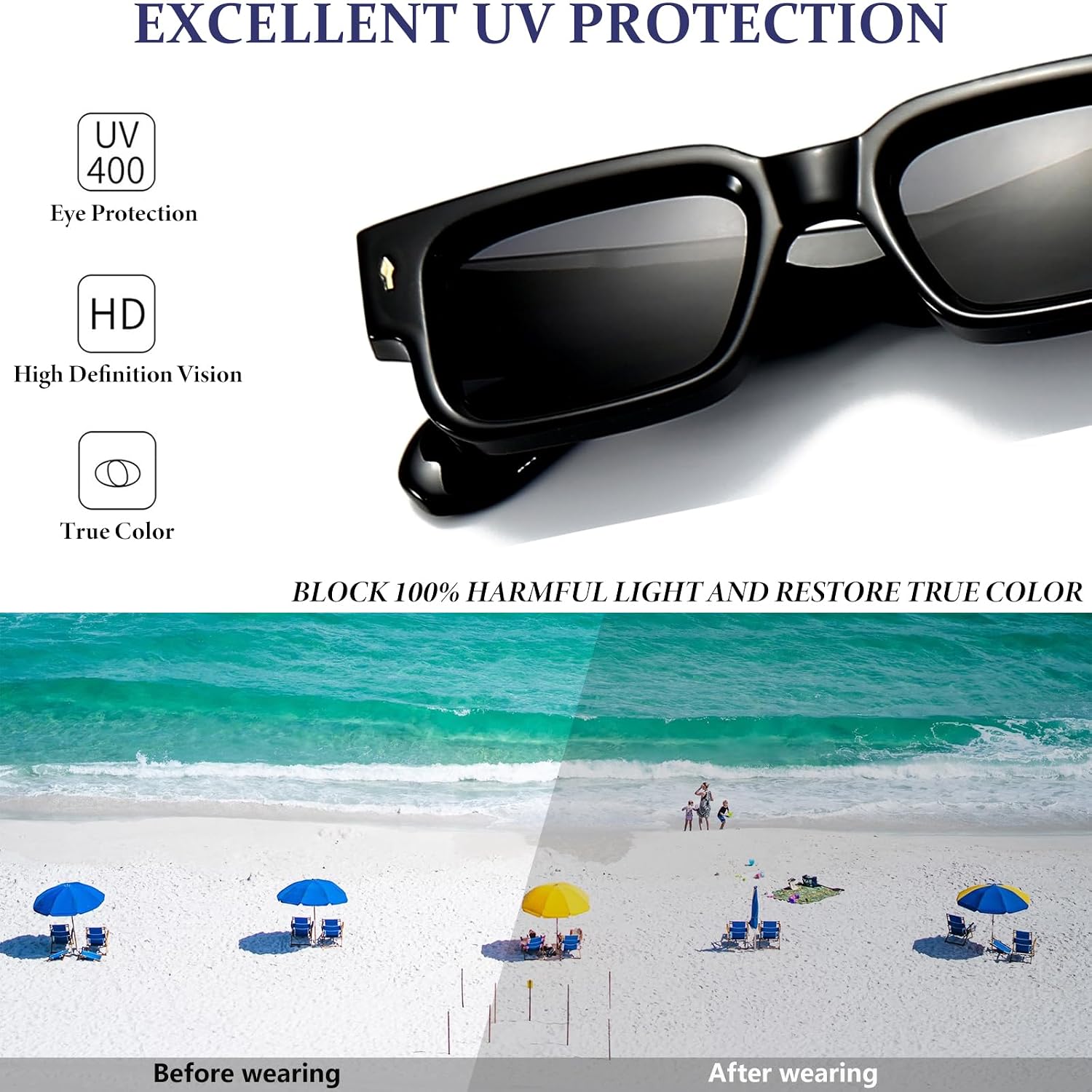 Retro Rectangle Sunglasses for Men Women Black Thick Square Frame Shades