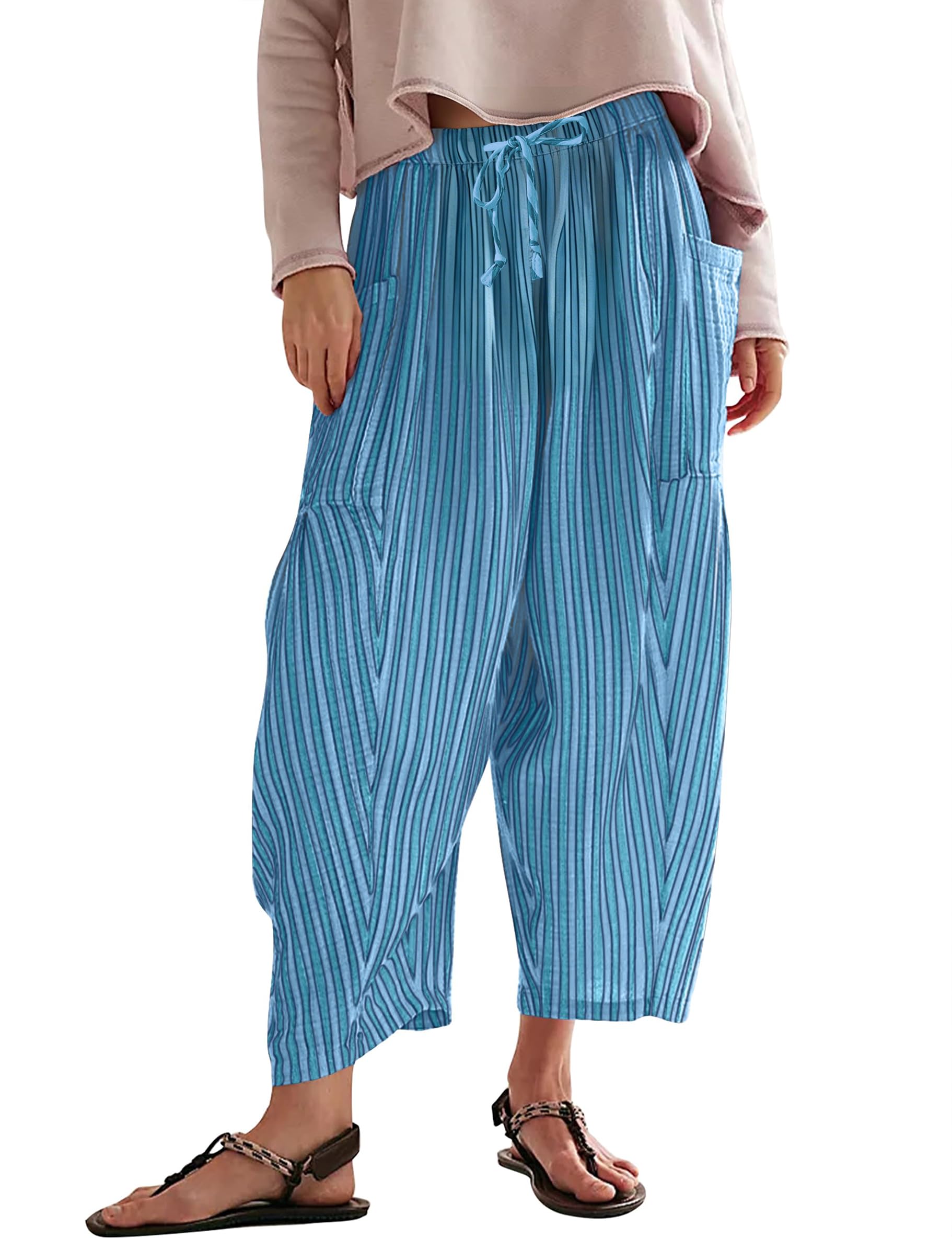 MISSACTIVER Gestreifte Haremshose für Damen, fließend, weites Bein, Kordelzug, Boho-Palazzo-Hose mit Taschen