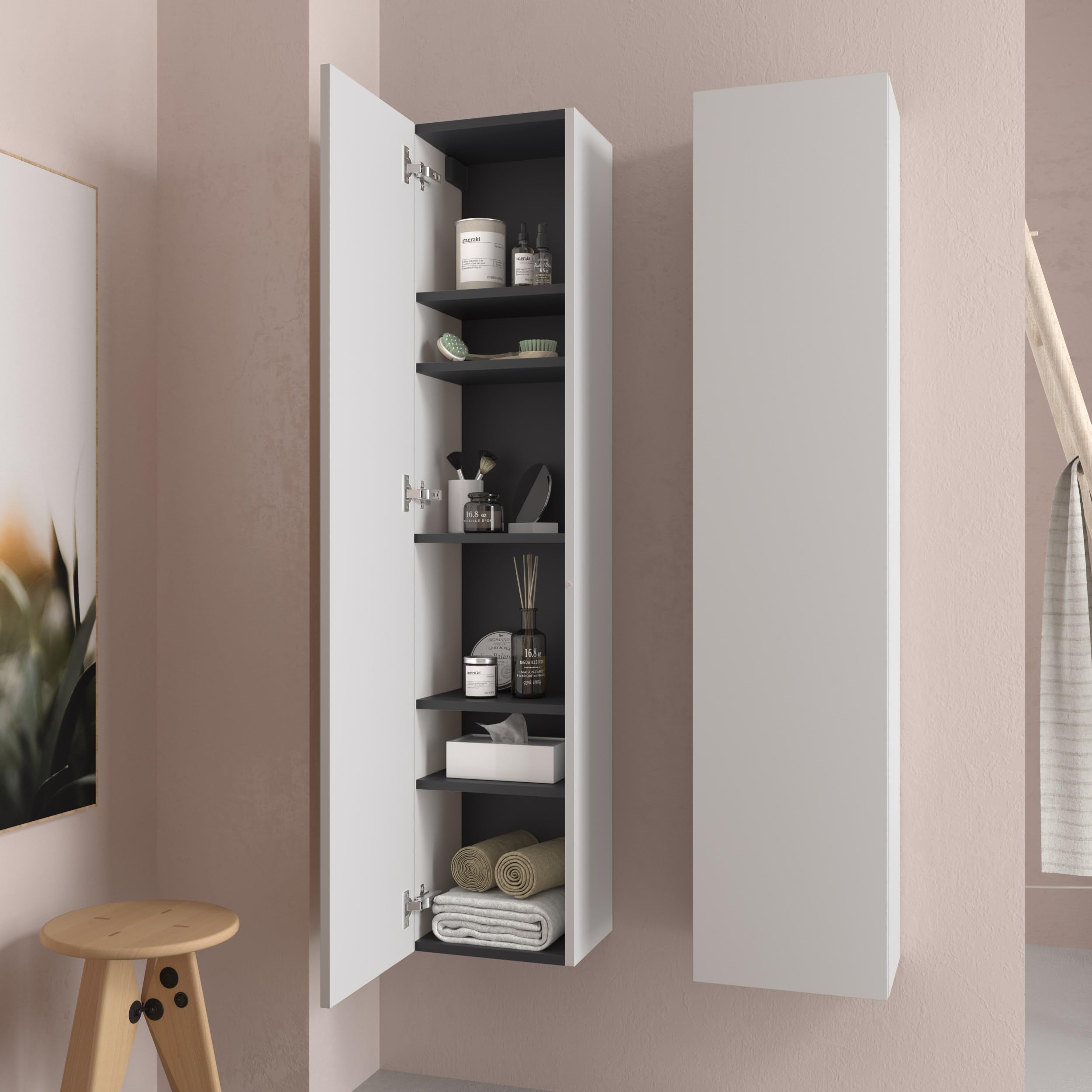 Columna de baño Bequia 100% montada de fábrica | Acabado Blanco Mate suspendida 1 Puerta Apertura Push y Cierre amortiguado | Salgar