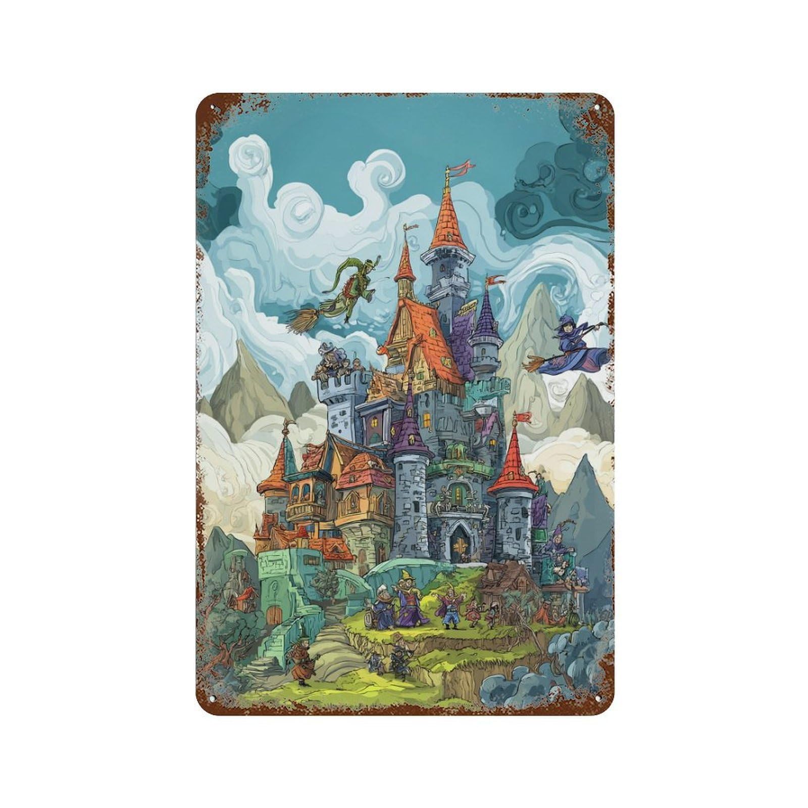 Fantasy Castle Adventure 11.8"x7.9" Aged Metal Wall Plaque, Classic Wall Plaque for Pub, Kitchen And Man Cave Decor