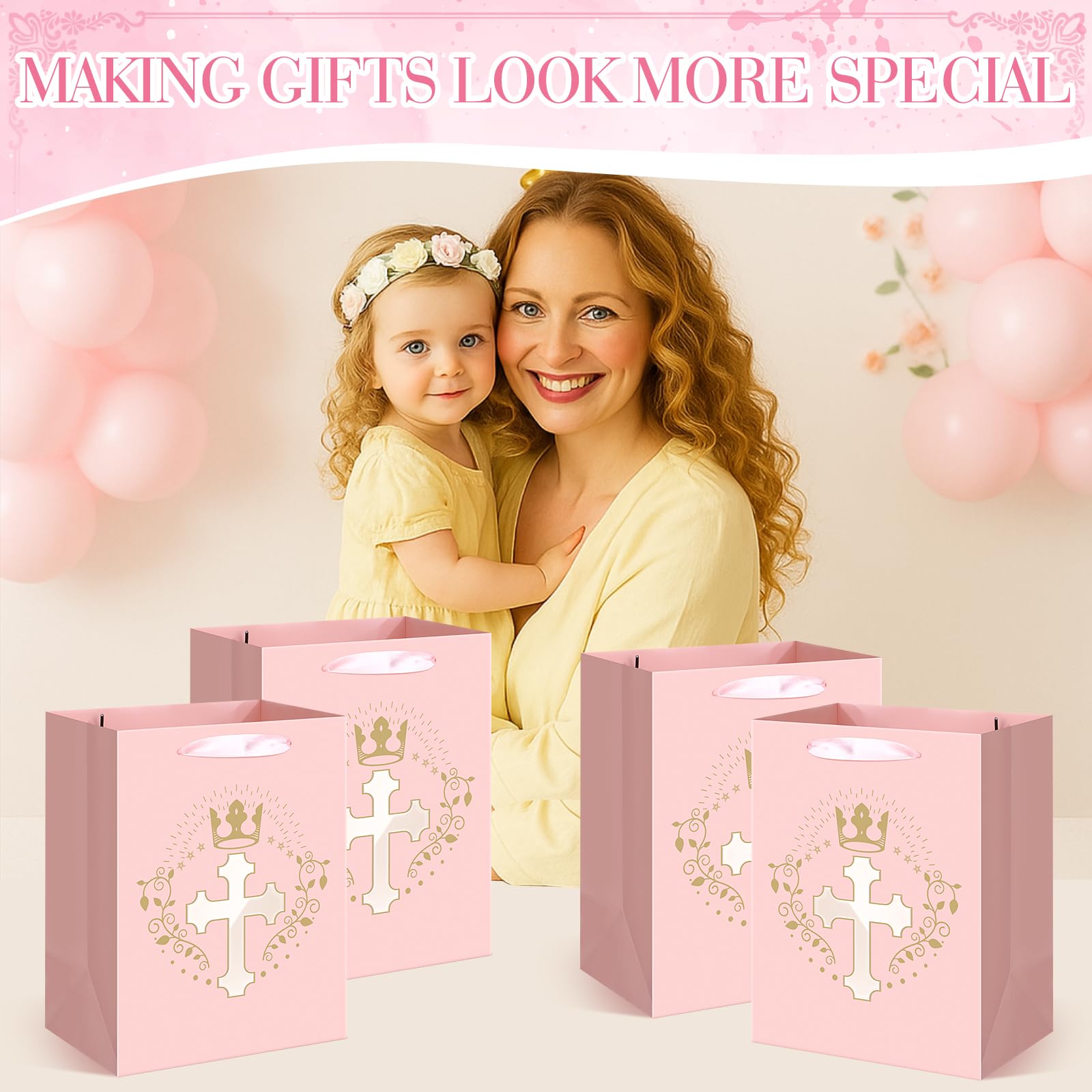 Humyoun 6 Pcs Pink Baptism Christian Religious Gift Bags with Cross Design Bulk 10.6 x8.2 x5.5 First Communion Baptism Confirmation Gift Bag for Baby Wedding Easter Clergy Day