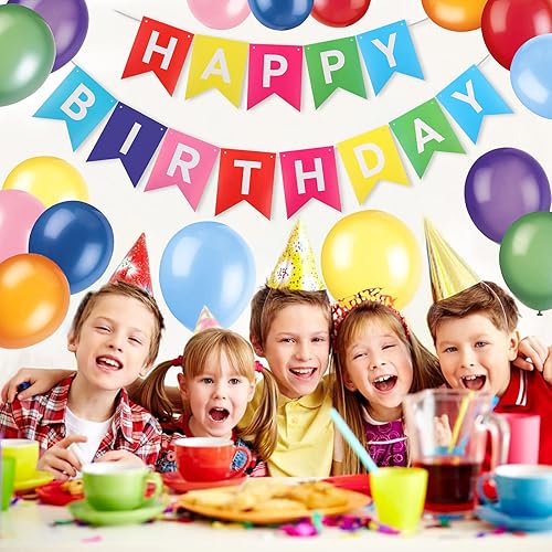 Miniatura 2 de Cartel de feliz cumpleaños, decoración de fiesta, globos de arcoíris, confeti, globos de látex, pancartas de fiesta para niños y niñas, decoración