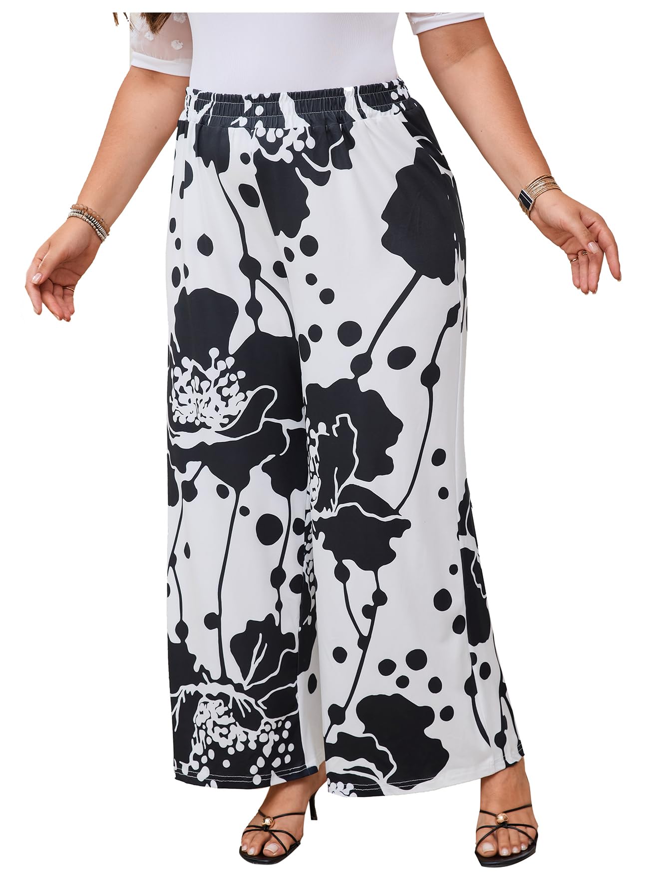 Floerns Womens Plus Size Floral Print Palazzo Pants Wide Leg High Waist Casual Trousers