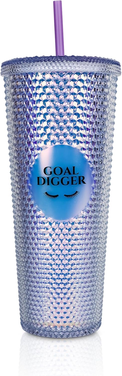 PLA 24oz Fully Studded Tumblers | Insulated Double Wall | With Screw on Lid and Straw | Cold Beverage | Hand Wash | Iridescent Goal Digger