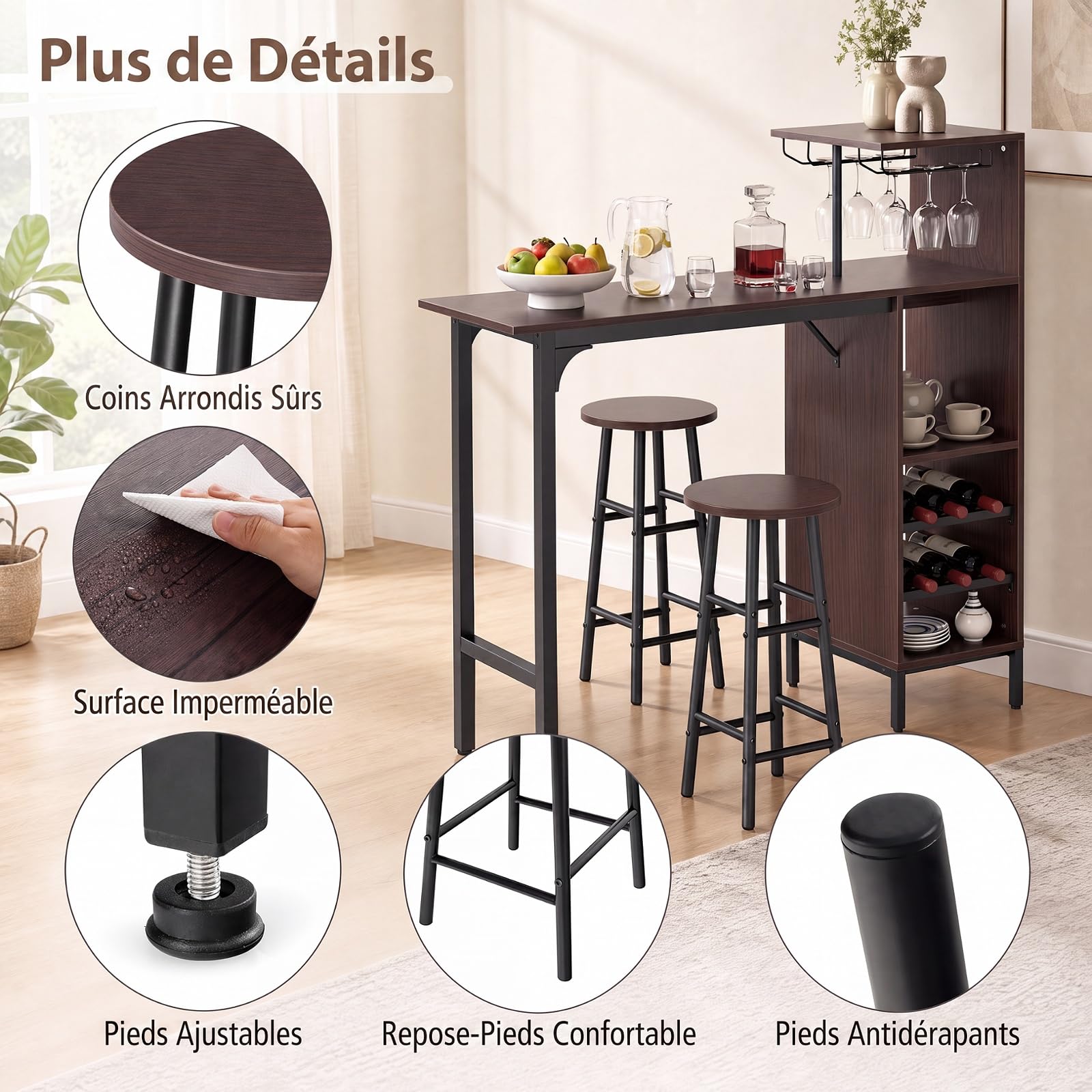 RELAX4LIFE Table Haute avec Tabouret, Mange Debout avec Porte-Verre, Porte-Bouteille, Étagères, Petite Table Bar Industrielle pour Cuisine Bistro Salle à Manger (Café)