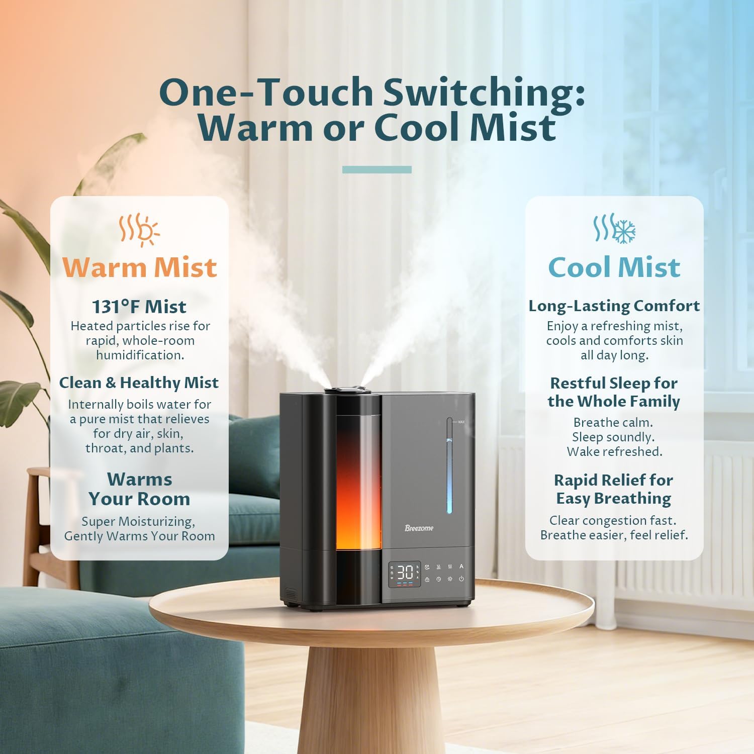 BREEZOME 8L Humidifiers for Bedroom, Warm & Cool Mist for Large Room Home, Top Fill Ultrasonic Humidifier, Humidity Sensor, Essential Oil, 60H Runtime, Quiet for Baby, Plants, Fast Relief thumbnail