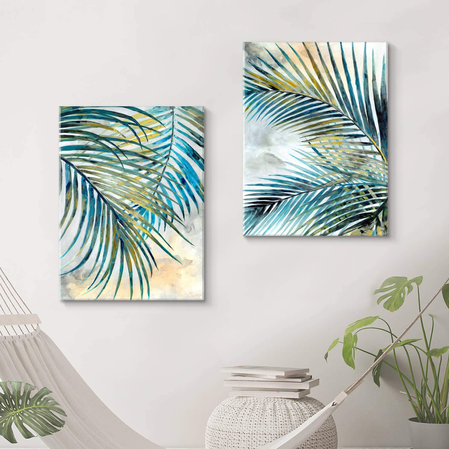 Framed Getaway Palm Leaves Canvas Wall Art Set - 2 Panel Tropical Leaf ...