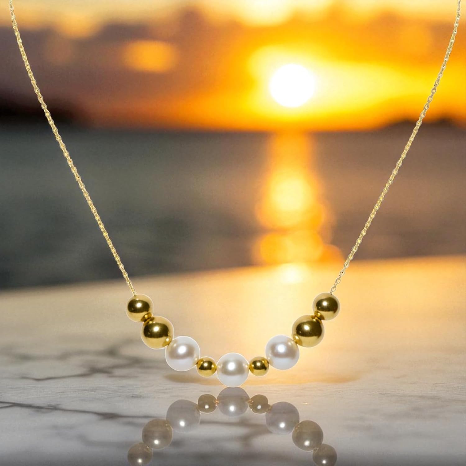 Add A Bead Necklace Chain w/ 3 Semi-Precious 8mm White Pearl Bead and 6 Decending 14k Yellow Gold Beads