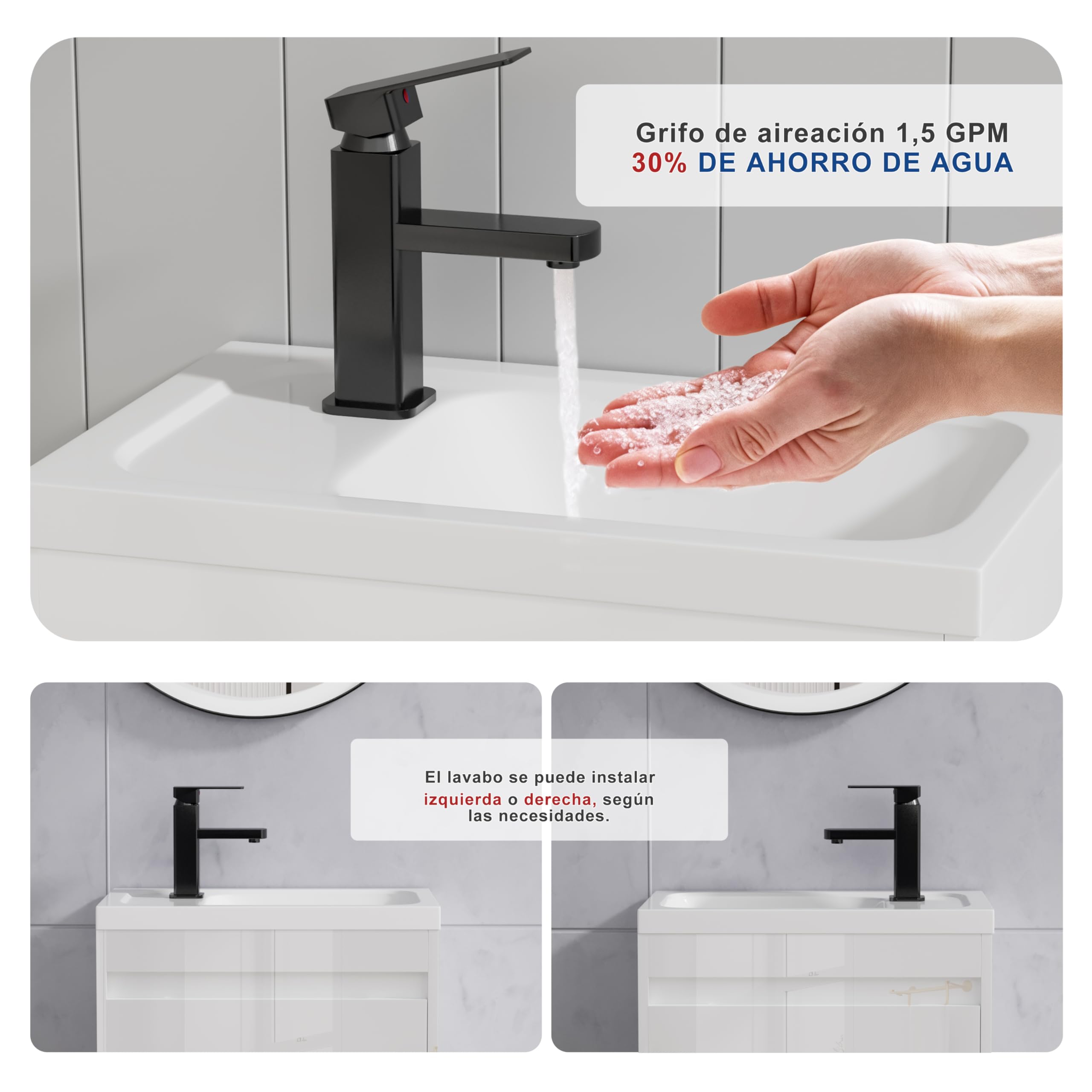 UEV Mueble de Baño Suspendido de 50 cm con Lavabo de Resina, Juego de Mueble de Baño 3 en 1 con Grifo Eficaz, Desagüe Pop-UP, Mueble con Amplio Espacio de Almacenaje