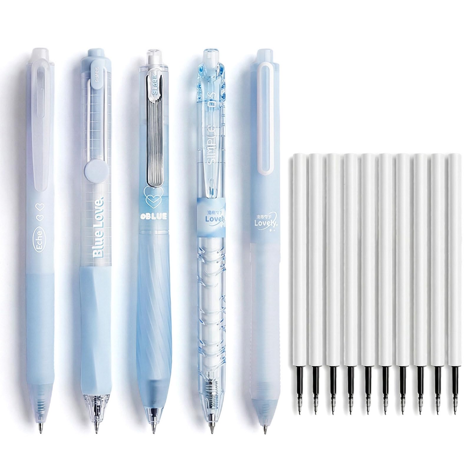 Rnigra 5 Pack Blue Pens 0.5mm with Black Ink, Translucent Blue Aesthetic Barrel Cute Pens, Retractable with 10 Refills – Smooth Writing for School, Office & Home