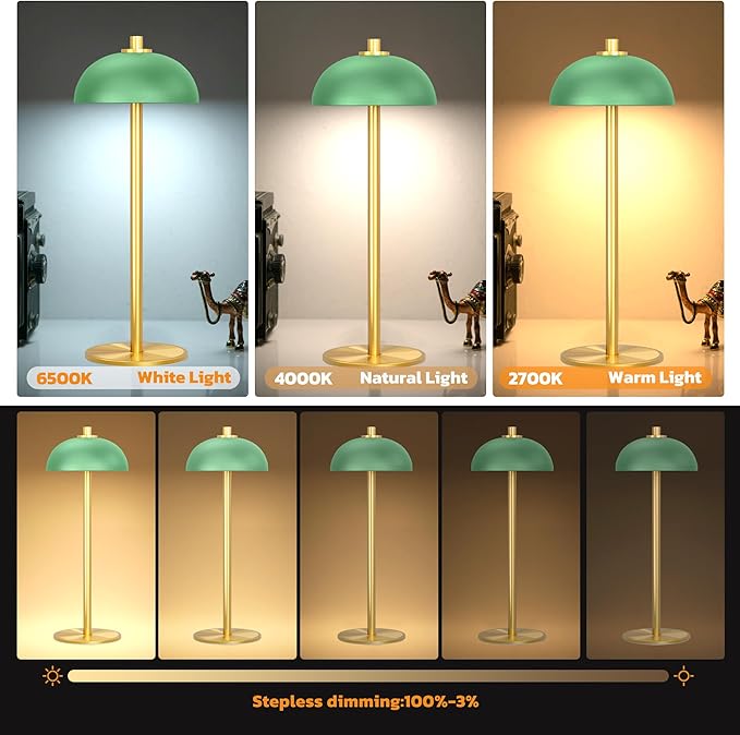 JONEMO 2 Pack Cordless Table Lamp, 5000mAh Portable Rechargeable Table Lamp, 3 Color Modes Stepless Dimming Table Light with Memory Function, for Dinner, Patio, Home, Restaurant.(Green) photo 5