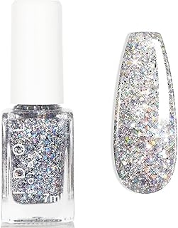 EONFAVE Silver Glitter Nail Polish - Flash Shiny Quick Drying Long Lasti...