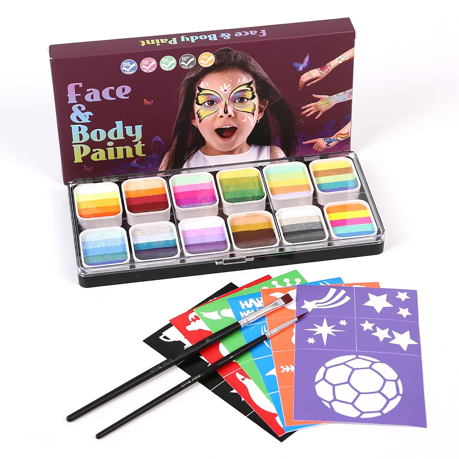 Professional Face Body Paint Set 12 Watercolor Palette Split Cakes Non Water Activated with 3 Brushes 6 Stencils for Kids Adults Halloween Cosplay