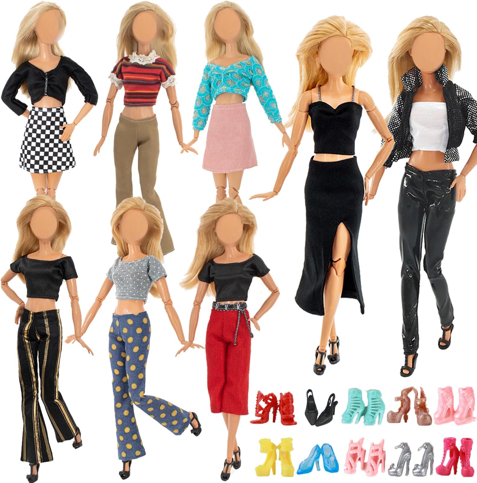 16 PCS Clothes and Accessories for 11.5 inch Girl Doll Including 6 Handmade Fshion Wear Outfits ( Tops and Pants or Dress) and 10 Pair of Shoes in Random Christmas Birthday Present for Girls
