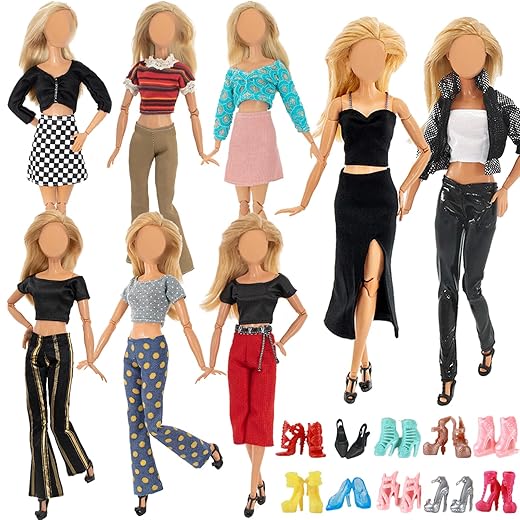 16 PCS Clothes and Accessories for Barbie 11.5 inch Doll Including 6 Handmade Fshion Wear Outfits ( Tops and Pants or Dress) and 10 Pair of Shoes in Random Christmas Birthday Gifts for Girls
