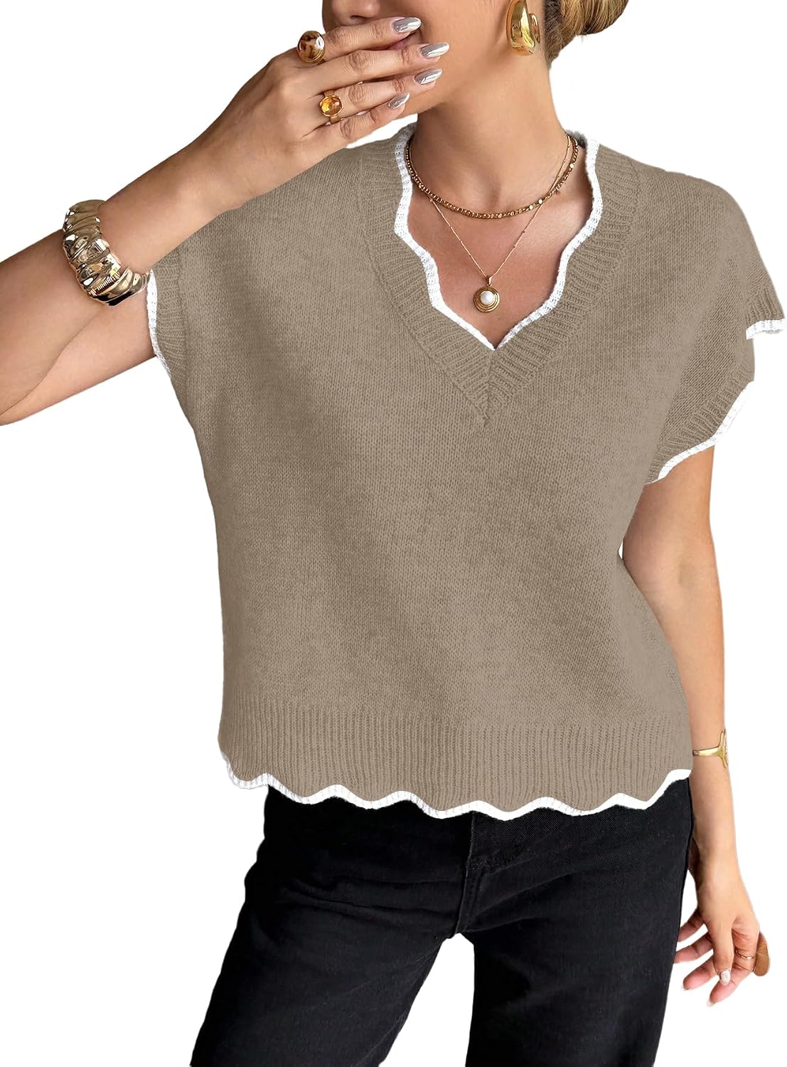 SOLY HUX Women's V Neck Sweater Scallop Cap Sleeve Knit Pullover Casual Tops