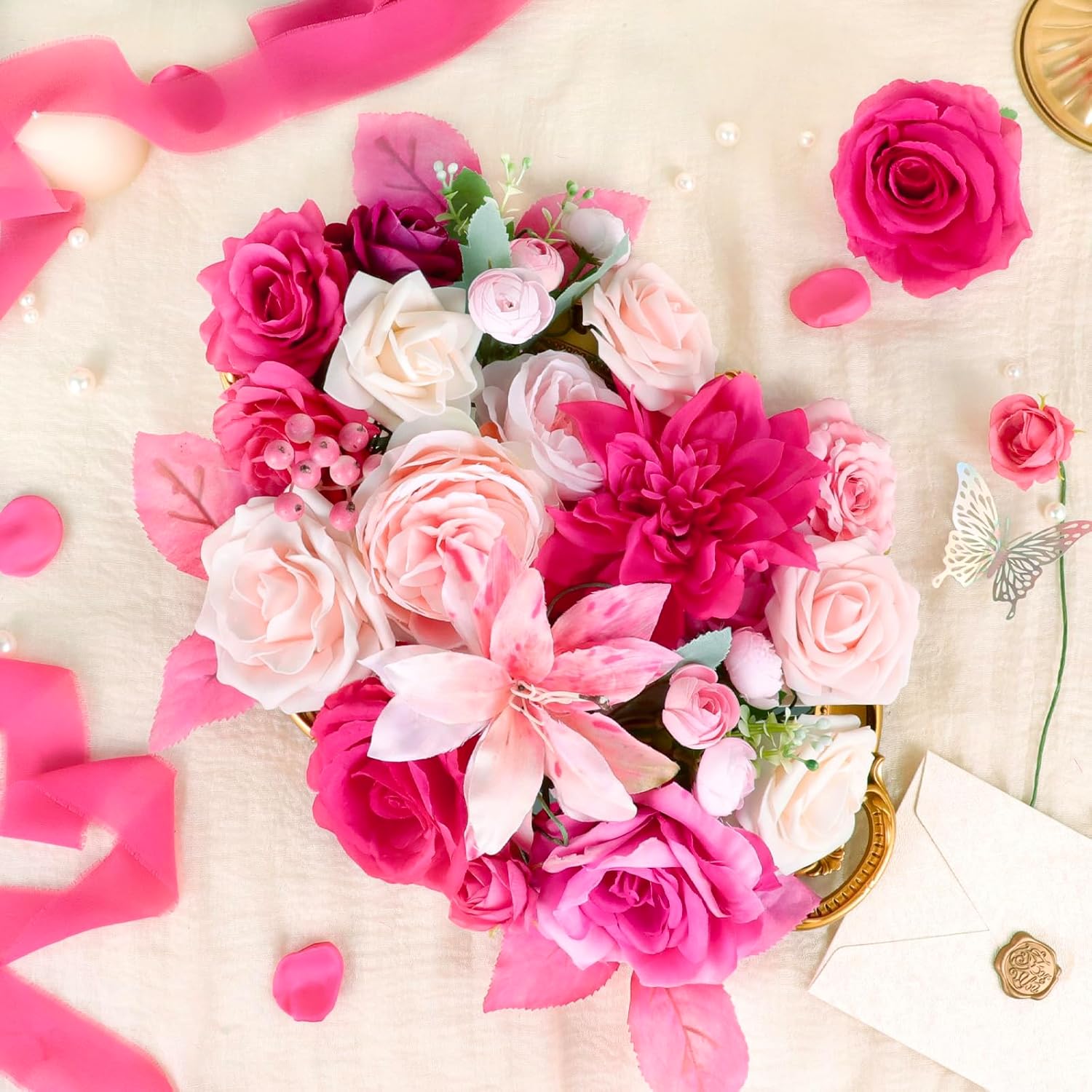 Hot Pink Flowers, Faux Roses Silk Flowers with Stems Pink Flower for Centerpieces DIY Wedding Bouquets Floral Arrangements for Wedding Party Baby Shower Home Decor