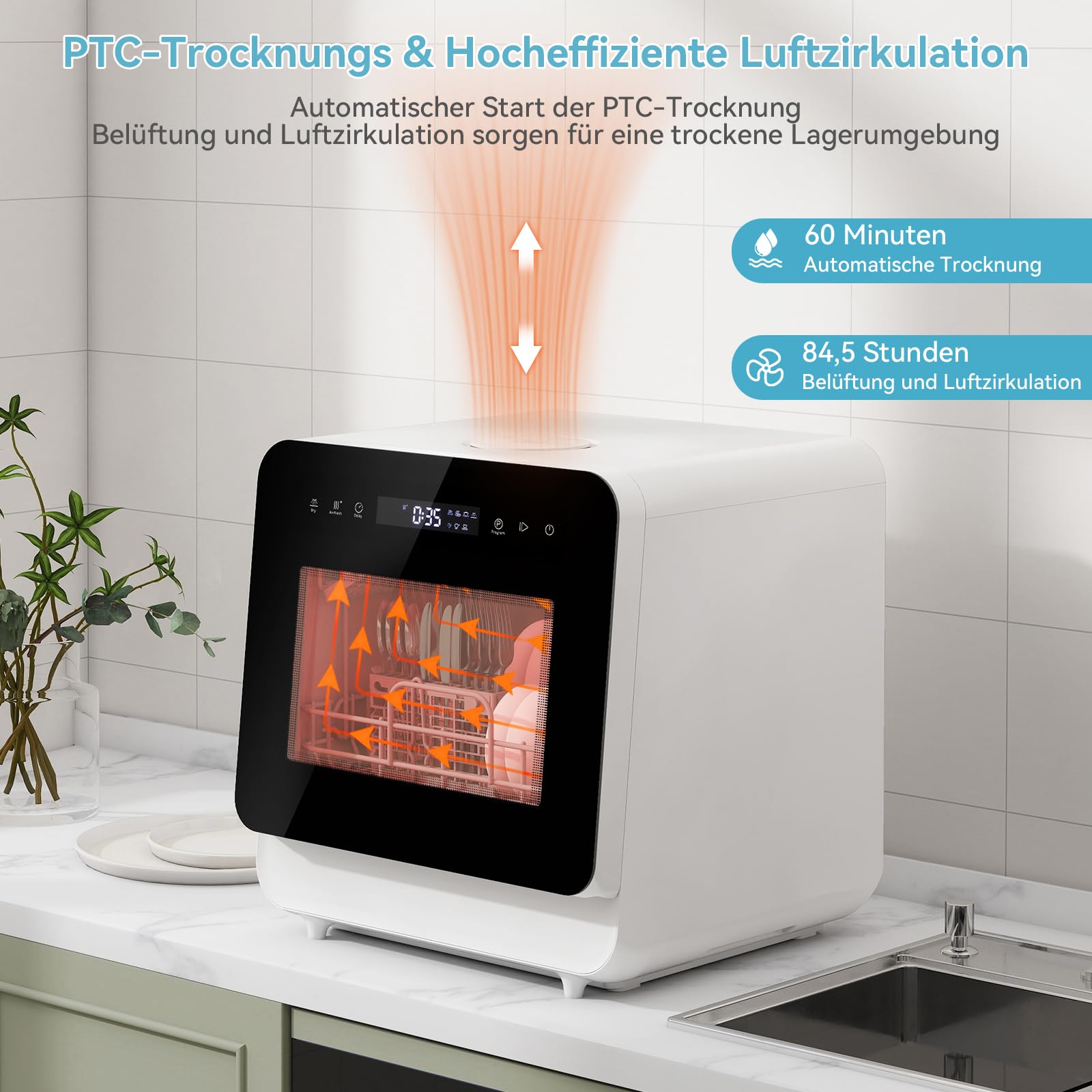 Mini Geschirrspüler 3 Gedecke Tischgeschirrspüler 5L Wassertank 6+1 Programme PTC Touch Control 24h Timer Kindersicherung