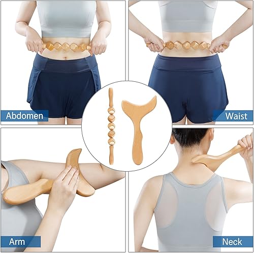 Miniatura 3 de JUNRA Paquete de 4 herramientas de masaje de terapia de madera, masajeador de drenaje linfático, kit de maderoterapia, herramientas de terapia de