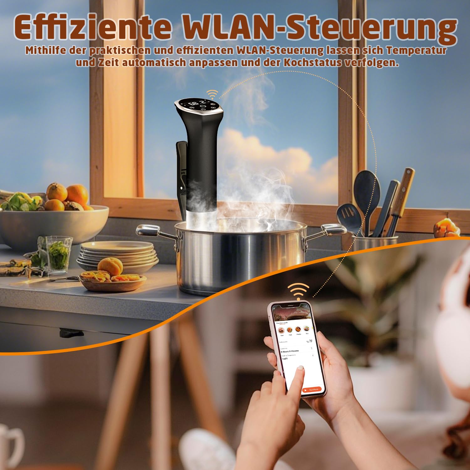 Karinear Sous Vide Garer Stick | APP-Steuerung | WIF (2.4G) | 1400W Sous-Vide Stick | 10-90°C, 1-99 Min. Timer | 360° Zirkulation | Suvide Garer stick