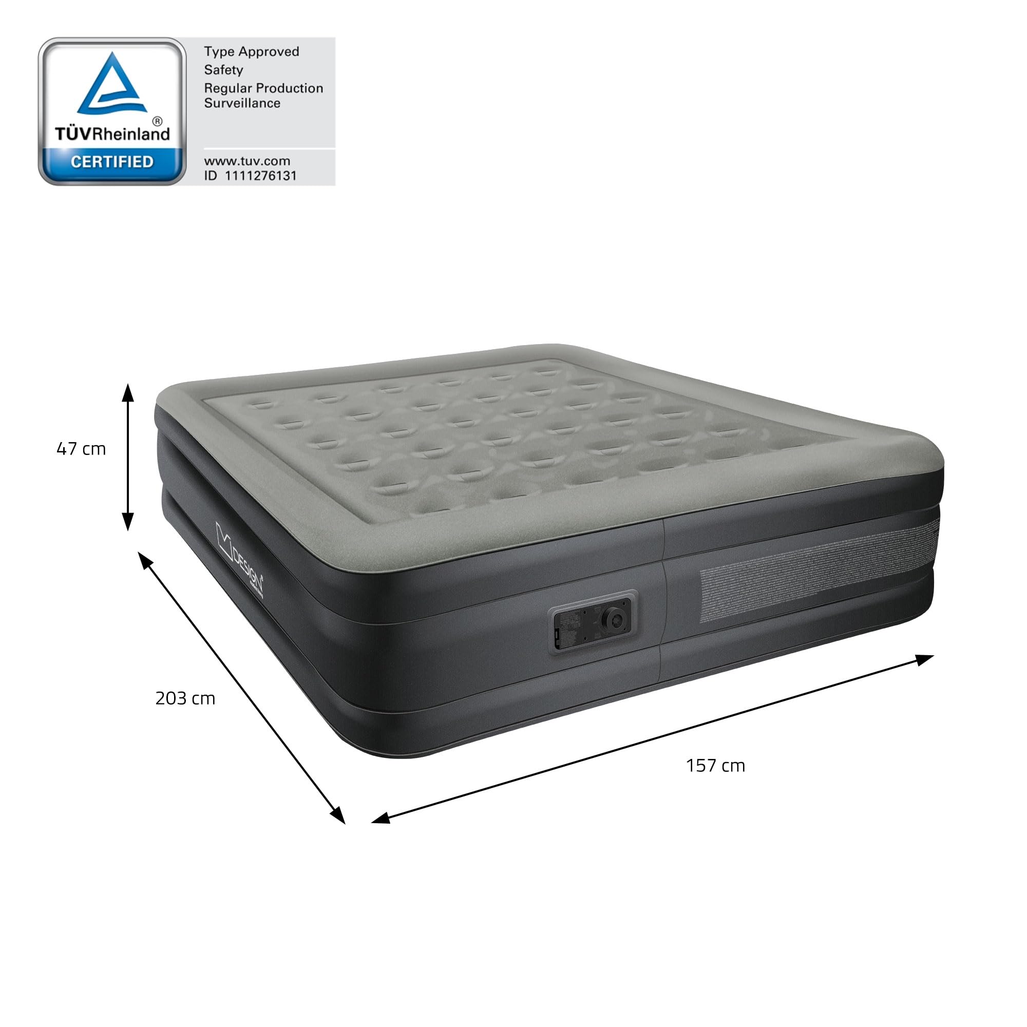 ML-Design Luftmatratze 2 Personen 203x157x47 cm Grau, TÜV Zertifiziert, Luftbett selbstaufblasend mit elektrischer Luftpumpe 230V, Aufblasbare Matratze für Camping, Gästebett Doppelbett + Tragebeutel