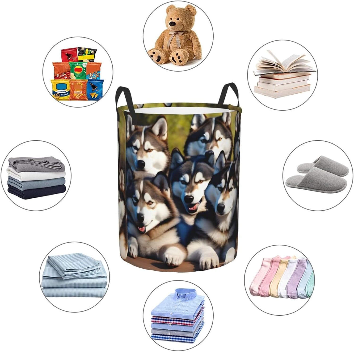 Lovely Huskys Print Circular Protable Storage Bin,Basket For Laundry Hamper With Handles Bedroom Clothes