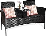 Tangkula Ensemble de meubles de patio conversation, mobilier extérieur avec coussins amovibles & Table, plateau en verre trempé, banc en rotin moderne pour jardin