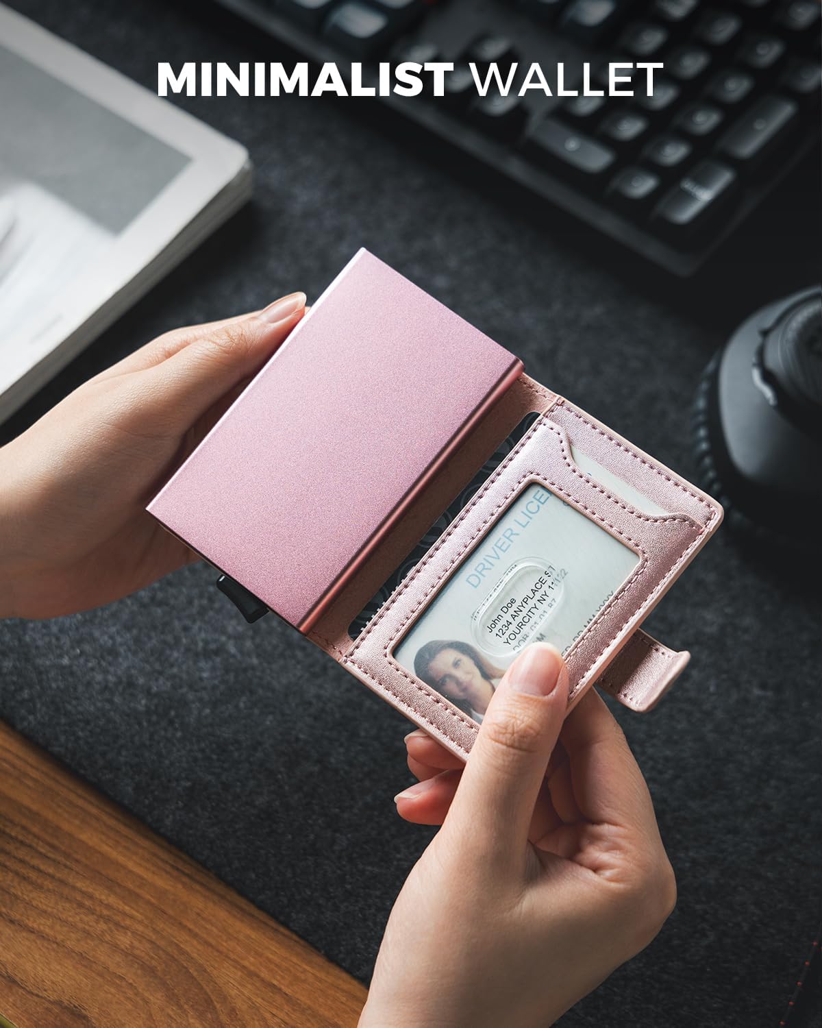 VULKIT Slim Bifold Pop up Wallet Minimalist Leather Card Holder RFID Blocking Metal Card Case with ID Window for Women | with Leather Slots, RFID Blocking, Slim, Metal Card Case - Image 4