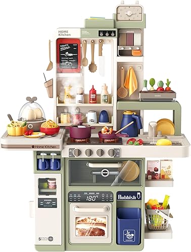 cossy Cocina de juegos, juego de cocina para niños con sonido y luz, estufa de pulverización, fregadero de juegos, vaporizador automático de huevos