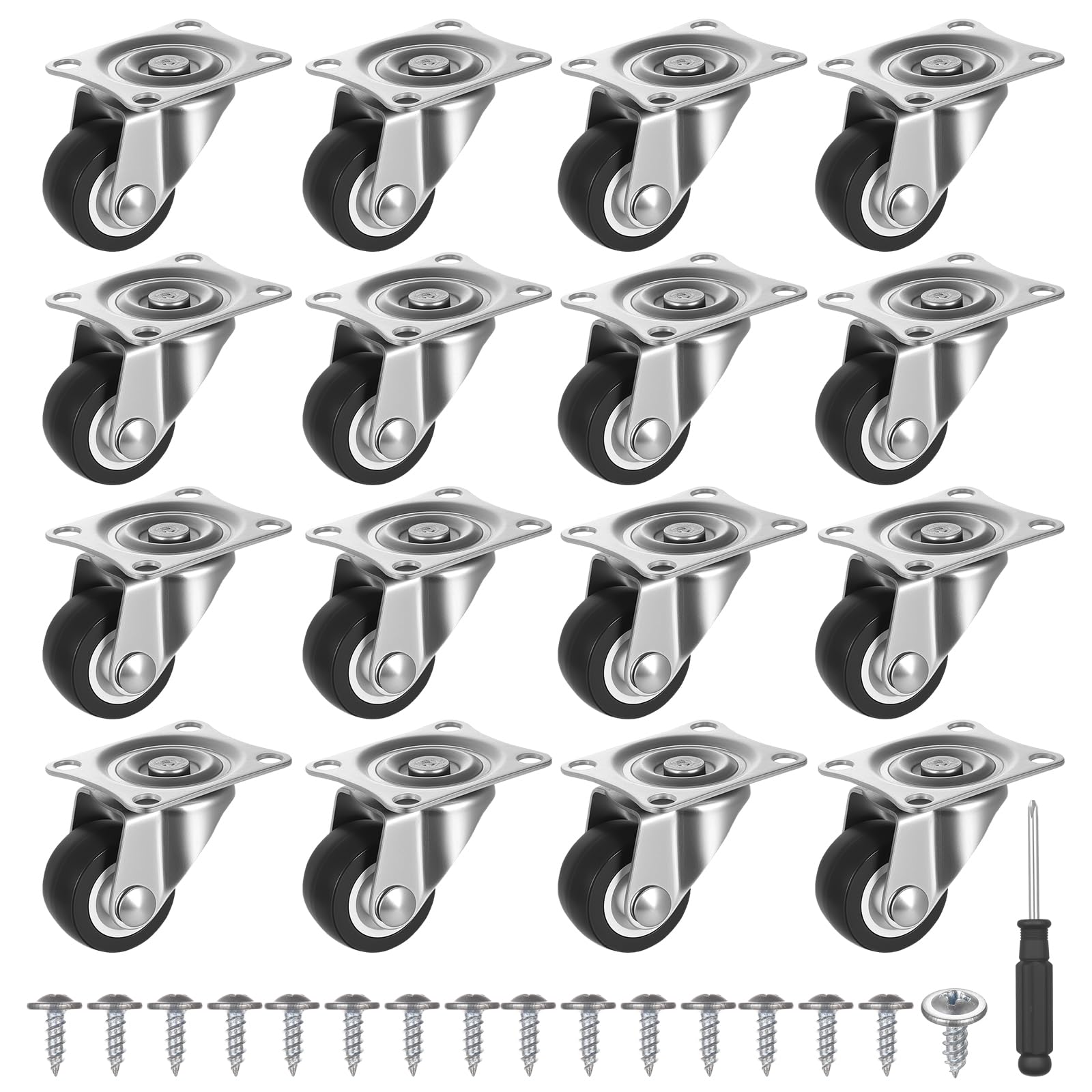 16 Pack Mini Furniture Castor Wheels,25mm Small Heavy Duty Swivel Castors, 360° Rotating Rubber Wheels, Quiet Furniture Rollers for Cabinet, Table, Sofa, Storage Box