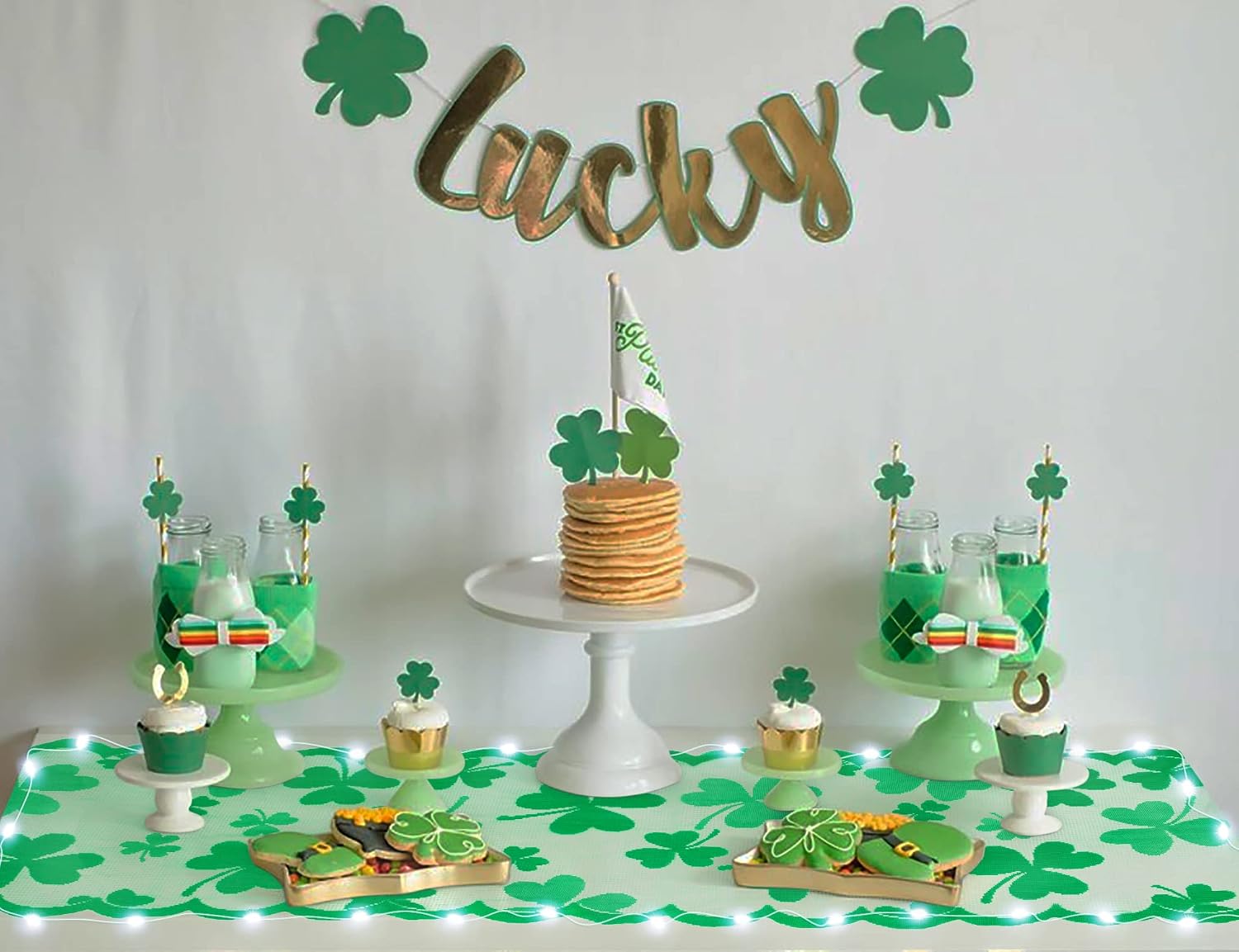 90shine 6PCS St Patricks Day Decorations Table Runners Placemats Saint Shamrock Green Lace Embroidered Irish Clover Party Decor Supplies,with 2 Light Strips