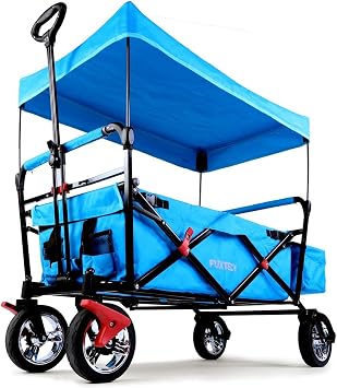 FUXLIFE FX-CT500 Foldable Handcart - Turquoise   Children's Handcart with Sun Canopy   Padded Interior   Sturdy Wheels   Compact, Foldable Handcart with Rear Pocket