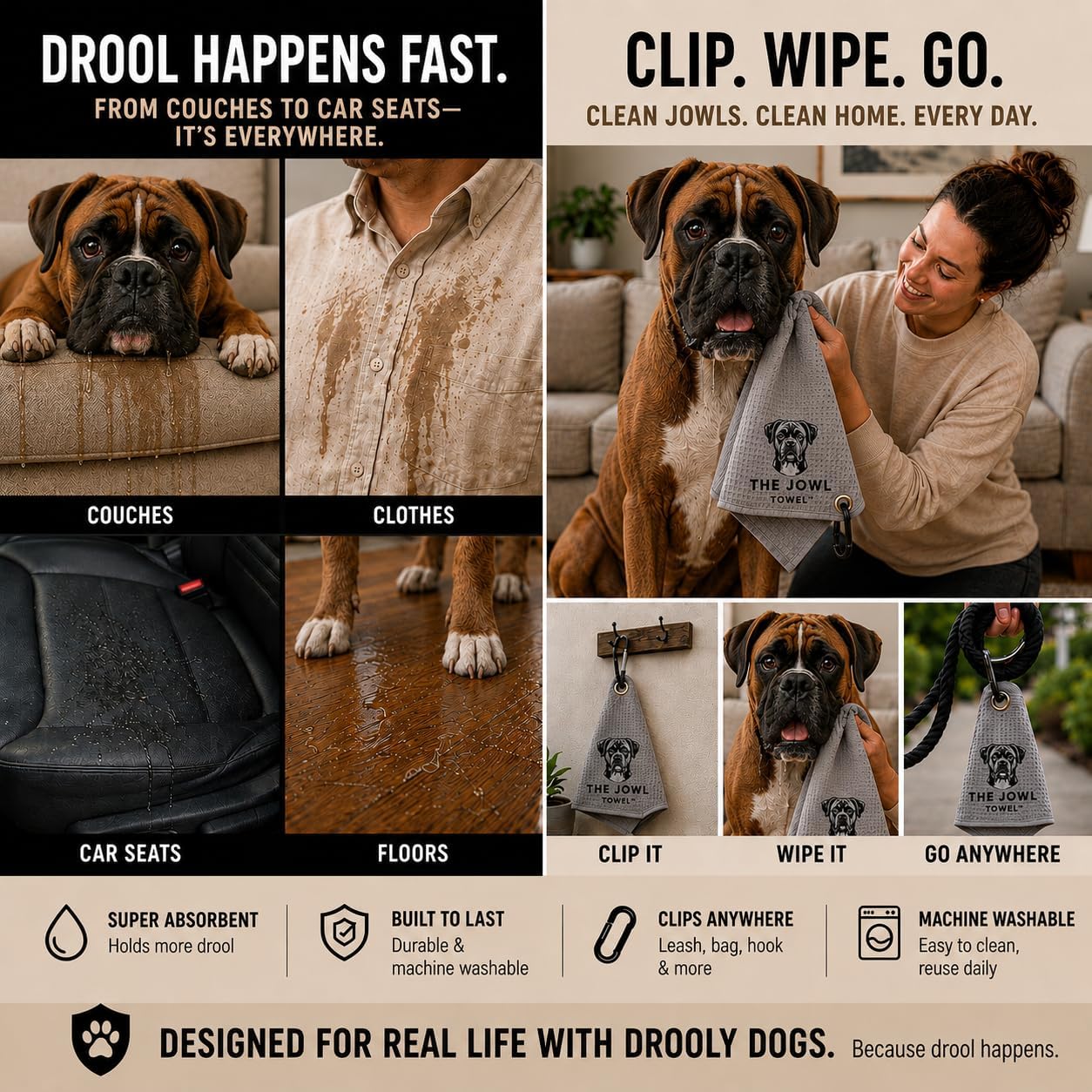 Dog Drool Towel – Absorbent Microfiber Drool Catcher, Collar & Leash Attachment, Convenient Drool Bib Alternative for Boxer Dogs (3 Pack) image 2