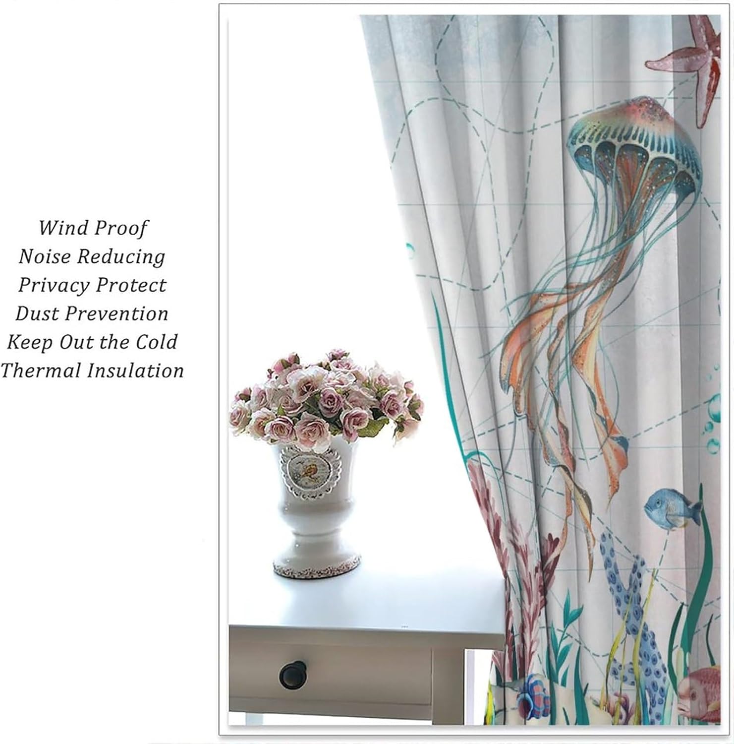 Coastal Jellyfish Curtains, Beach Nautical Ocean Starfish Seashell Seahorse Window Treatments for Bedroom Kitchen Nursery, Conch Compass Beachy Blackout Drapes 2 Panel Sets,52x84 Inch,Thin.