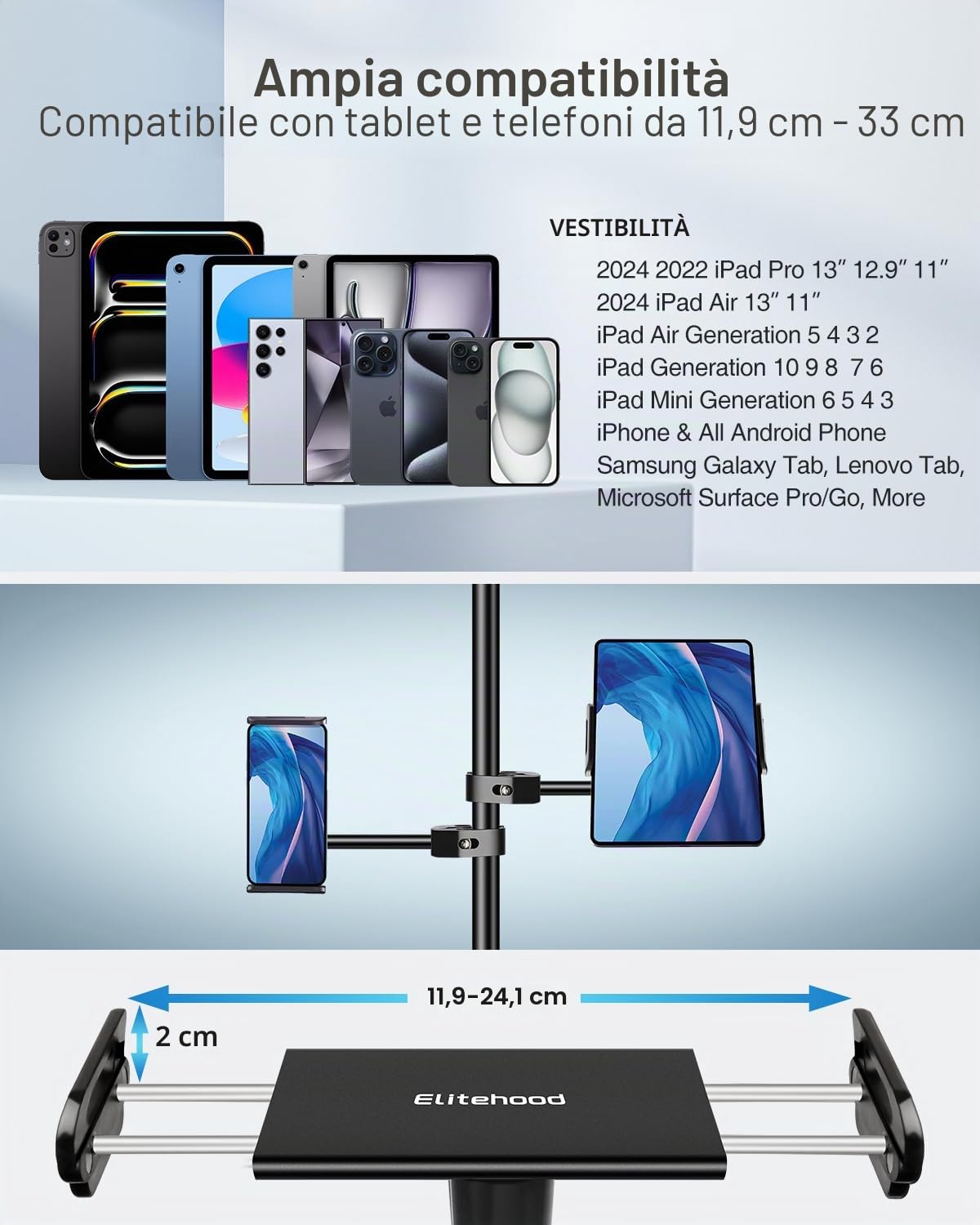 Elitehood Aluminium Tablet Mic Stand, Side Mount iPad Microphone Holder, Sheet Music Stand for iPad Mini Air Pro iPhone 4.7-12.9"