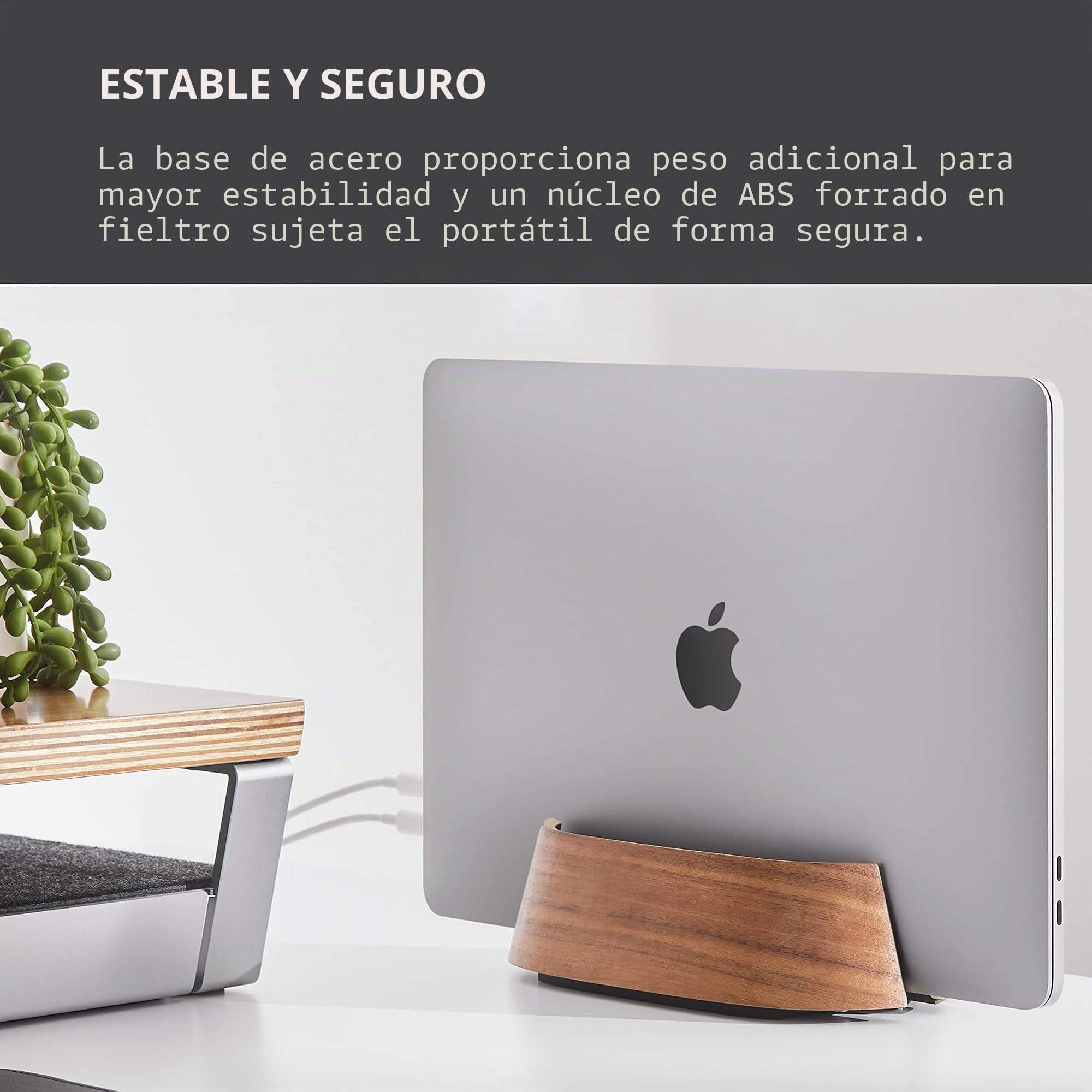 HumanCentric Soporte Vertical para Laptop – Soporte Ajustable y Muelle, Soporte Vertical para Laptop para MacBook Pro y Otros portátiles de 0.5 a 1.5 Pulgadas, Madera de Nogal Negro