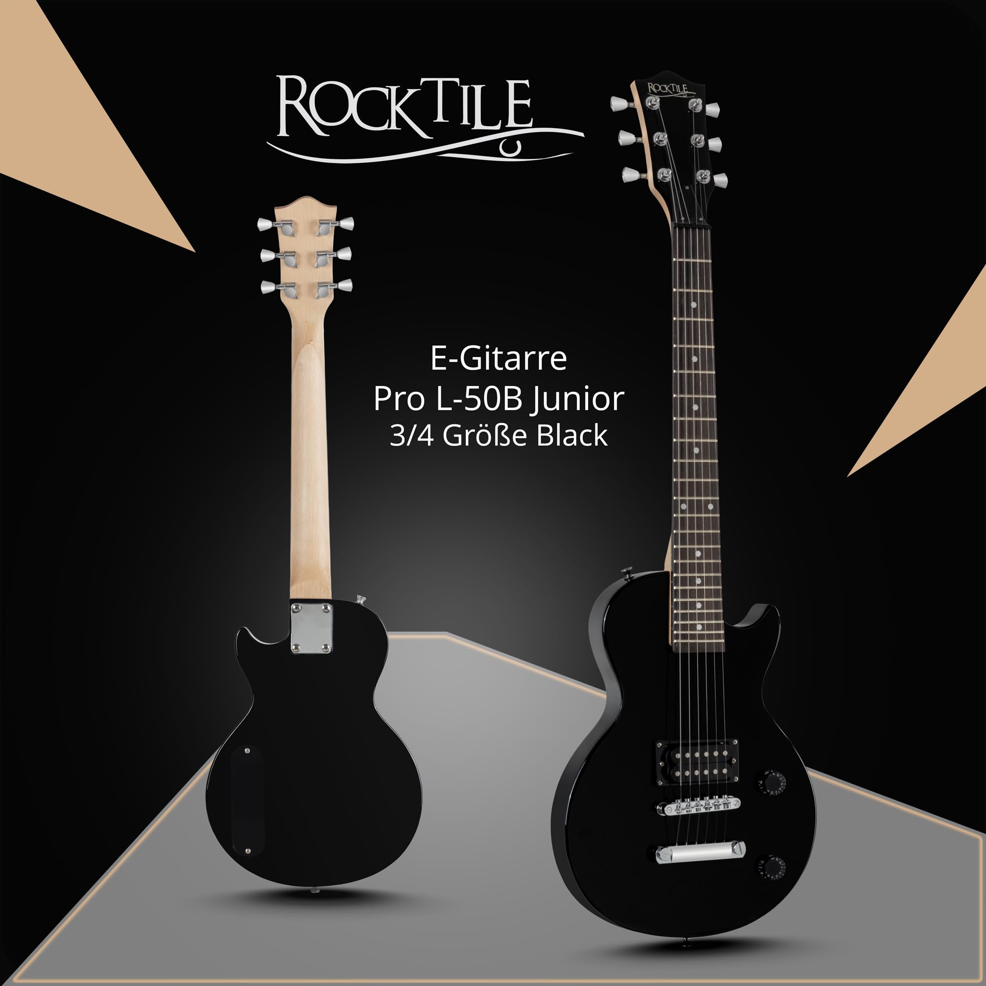 Rocktile L-50B Junior 3/4 Mensur SET (E-Gitarre für Kinder von 6-12 Jahren, Verstärker, Gurt, Kabel) schwarz