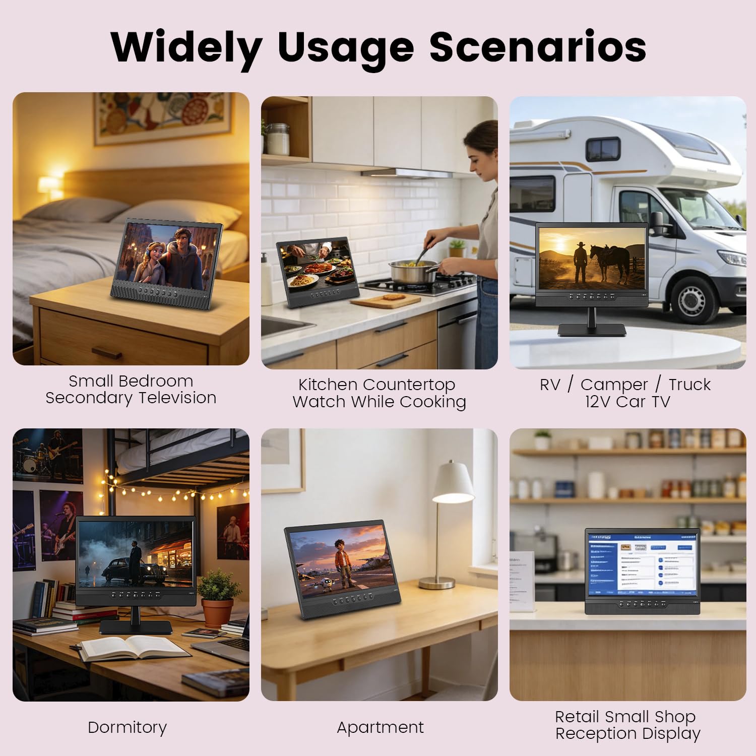 Jexiop Piccolo TV LED HD da 14 pollici, ATSC integrato, supporto doppio per montaggio a parete e desktop-HDMI-USB-AV IN-12 V/AC per camper e cucina