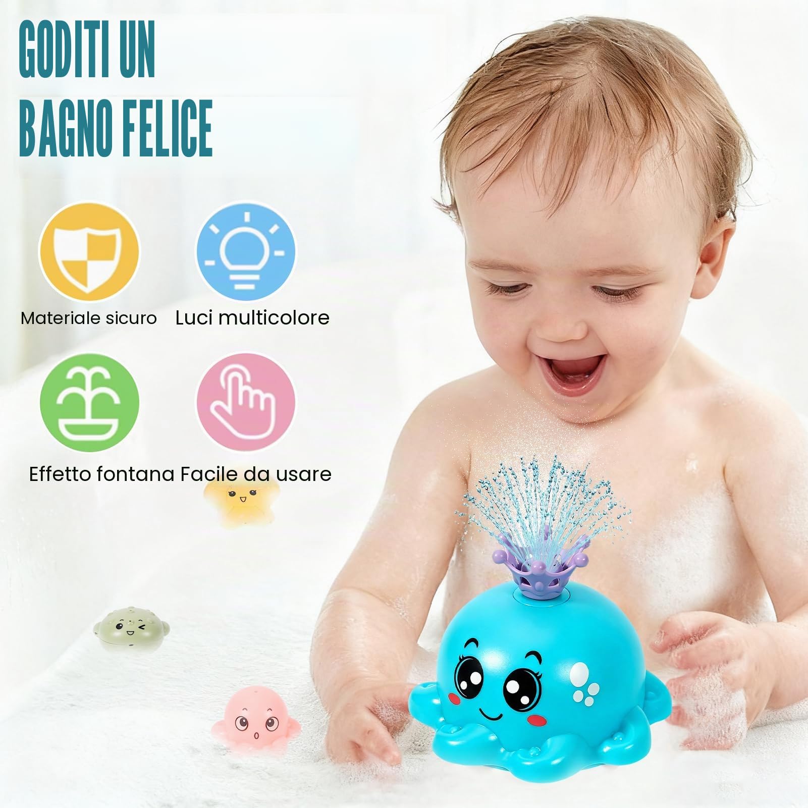 Giochi Bagnetto Neonato, Polpo Giochi Vasca da Bagno Bambini Spruzzo d'Acqua Automatico, Giochi Bagnetto con Luce a LED, 4 Teste di Spruzzo, Giocattoli da o Piscina per 1 2 3 Anno, Blu