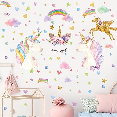 Miniatura 2 de Calcomanías de pared con estrellas que brillan en la oscuridad, calcomanías murales de unicornio brillantes con flores de arco iris, corazón, nubes,
