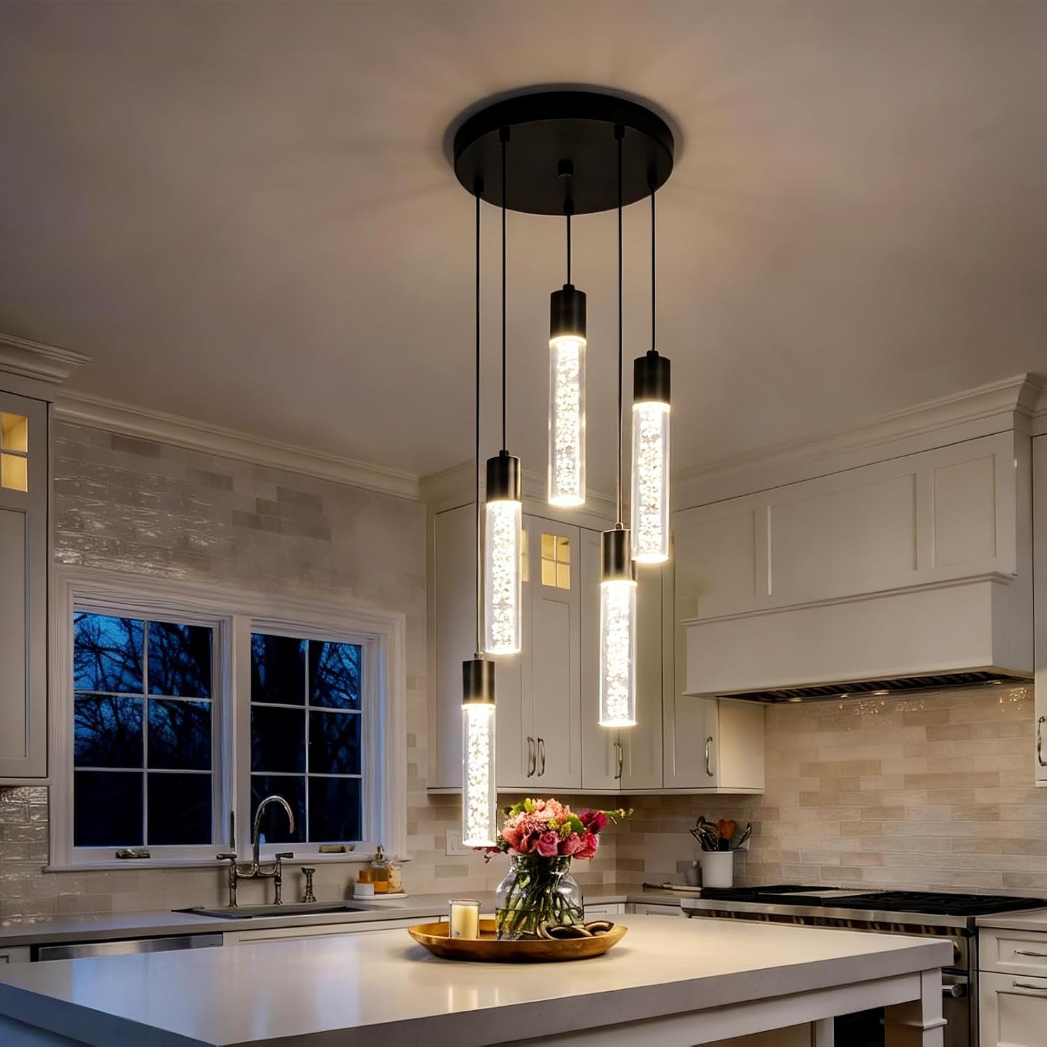 6-Light LED Black Pendant Lighting, Height Adjustable Ceiling-Mounted Hanging Light Fixture with 5-Color Temperature (3000-6000K) for Kitchen Island Pool Table, 30W