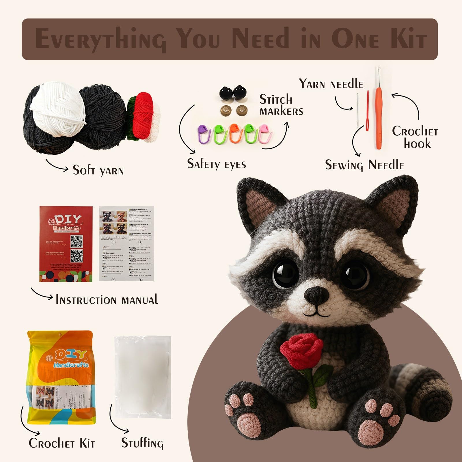 Morcolplus Raccoon Crochet Kit for Adults & Beginners, Amigurumi Raccoon Crochet Starter Kit with Step-by-Step Video Tutorials, DIY Yarn Craft Crochet Animal Kit, Cute Woodland Gift - 3