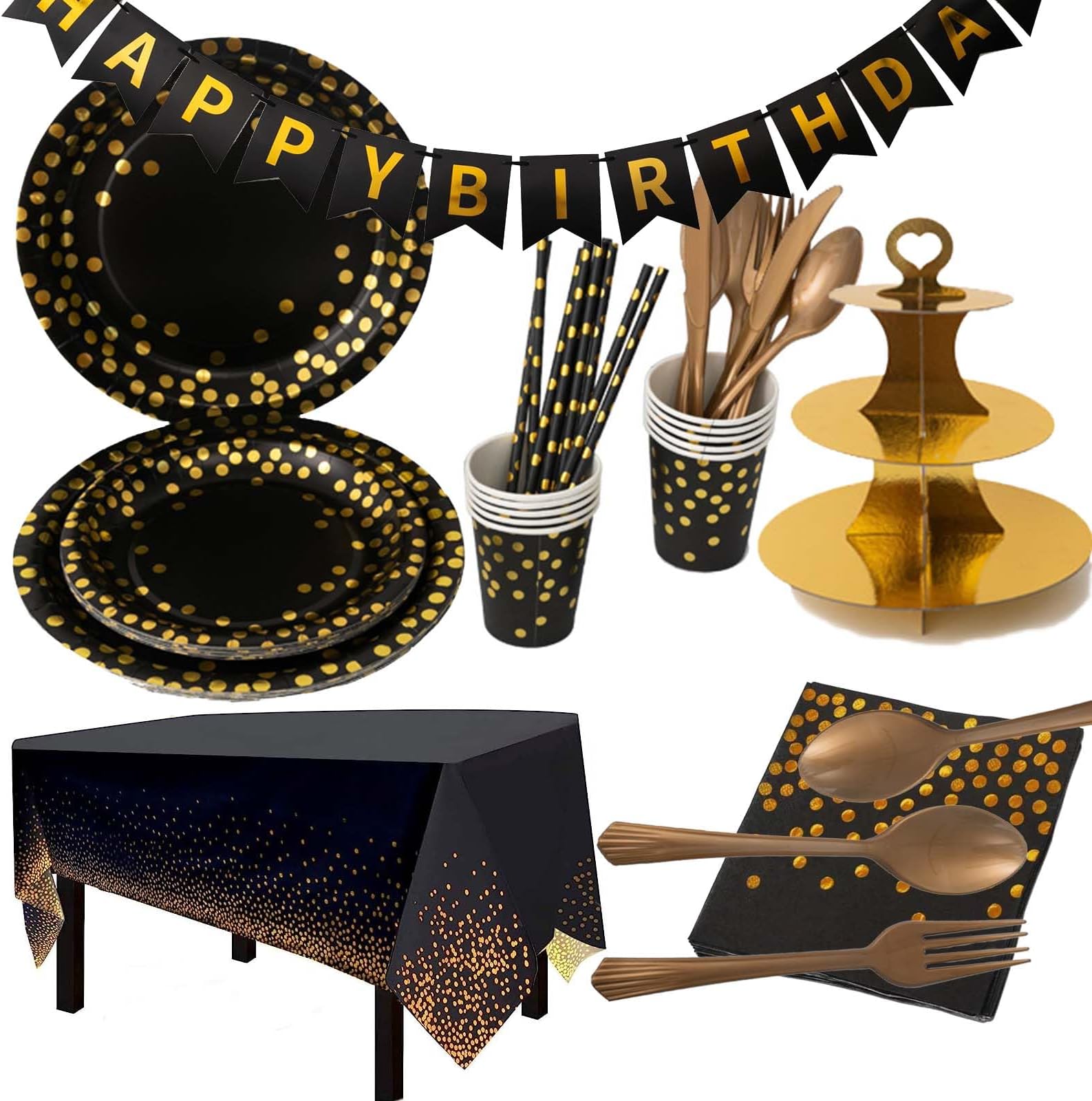 Black Gold Party Decoration Tableware Set with Tableware, Birthday Banner, Cake Stand and Tablecloth for Weddings, Anniversary Birthday Party Supplies