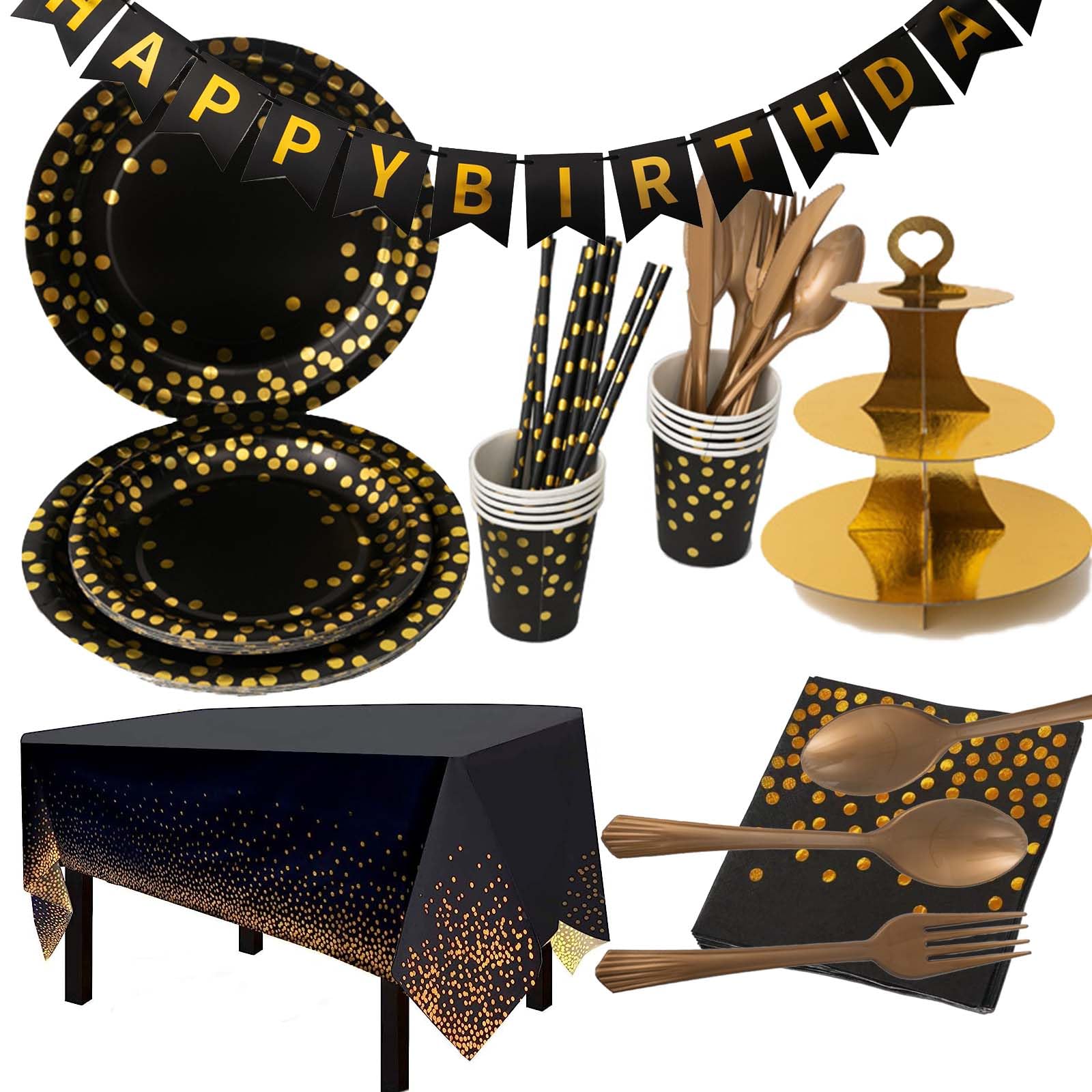 Black Gold Party Decoration Tableware Set with Tableware, Birthday Banner, Cake Stand and Tablecloth for Weddings, Anniversary Birthday Party Supplies