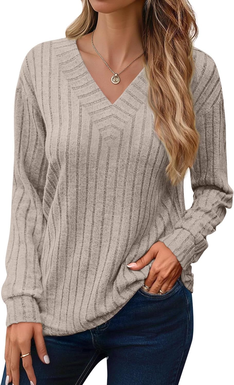 JUSTFASHIONNOW Long Sleeve V Neck Shirts for Women Fall Tops Lightweight Sweaters Dressy Casual Tunic Tops 2025 Outfits - Image 4