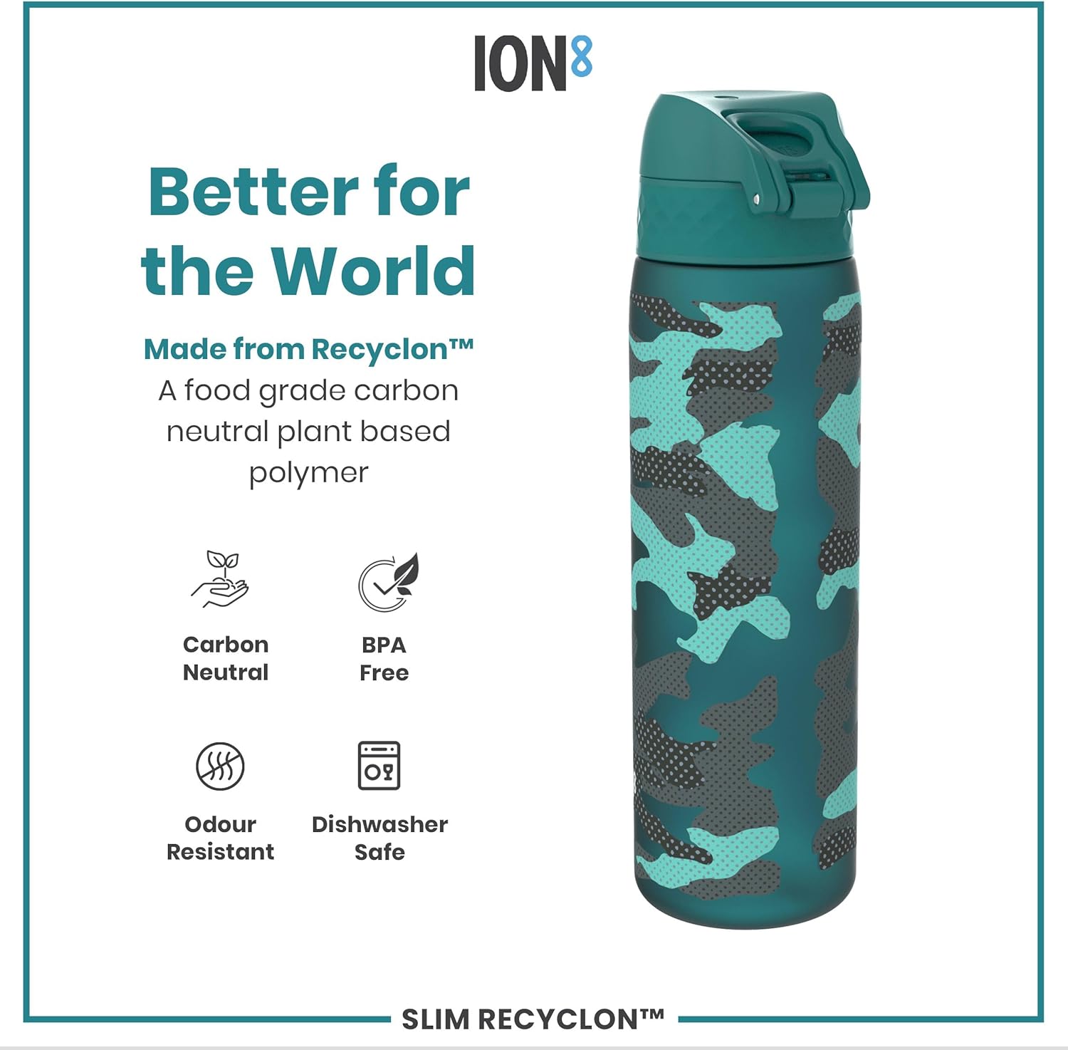 ION8 Water Bottle, 500 ml/18 oz, Leak Proof, Easy to Open, Secure Lock, Dishwasher Safe, BPA Free, Flip Cover, Carry Handle, Fits Cup Holders, Easy Clean, Odor Free, Carbon Neutral, Green, Camo Design - Image 6