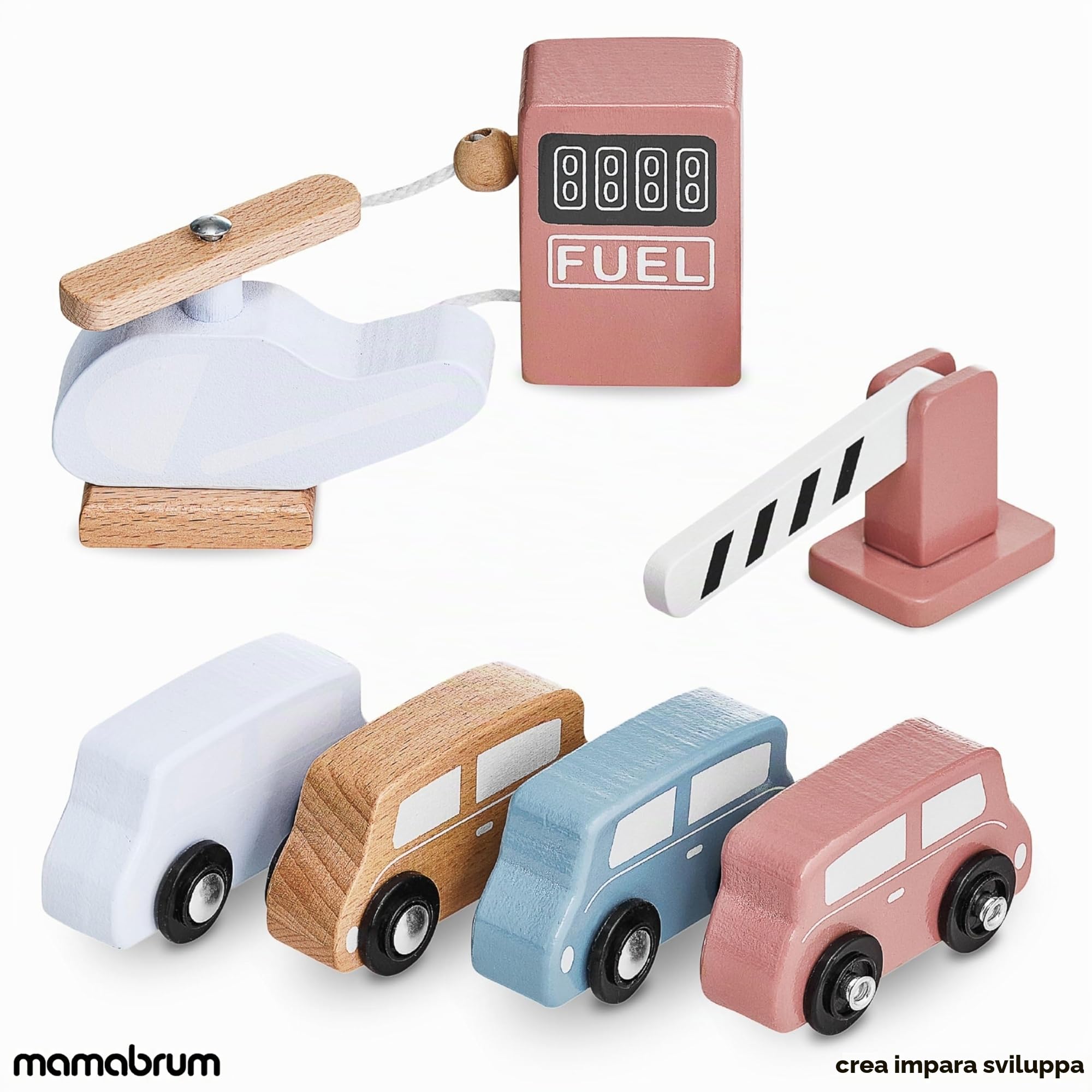 Mamabrum Garage in Legno, Garage Macchine per Bambini, Multipiano con Rampa e Ascensore, Set con Veicoli ed Elicottero e Stazione Carburante, Struttura compatta 44,5×29,5×37 cm per Uso quotidiano