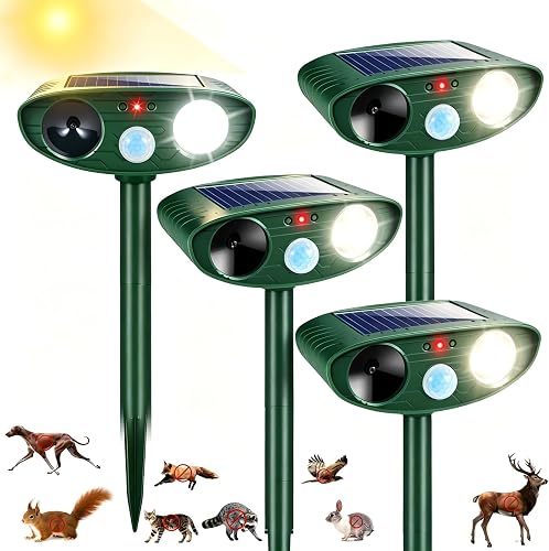 JahyElec Solar Ultrasonic Animal Repellent 4-Pack - Motion Activated Deer, Raccoon & Cat Deterrent with LED Strobe, IP65 Waterproof