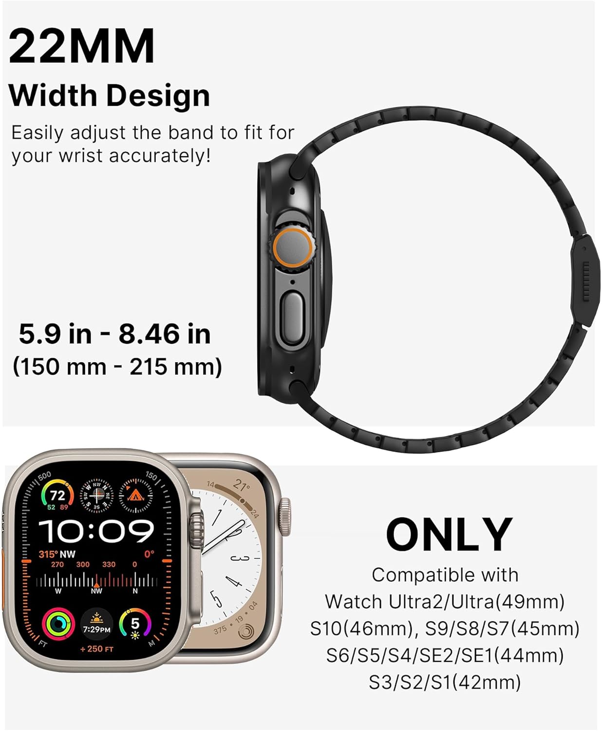 KU XIU Titanium Band for Apple Watch Ultra 2 / Ultra 49mm / Series 10 46mm, Adjustable Titanium Watch Band for Men, Premium Color Matching Watch Band with DLC Scratch Resistant Coating-Black